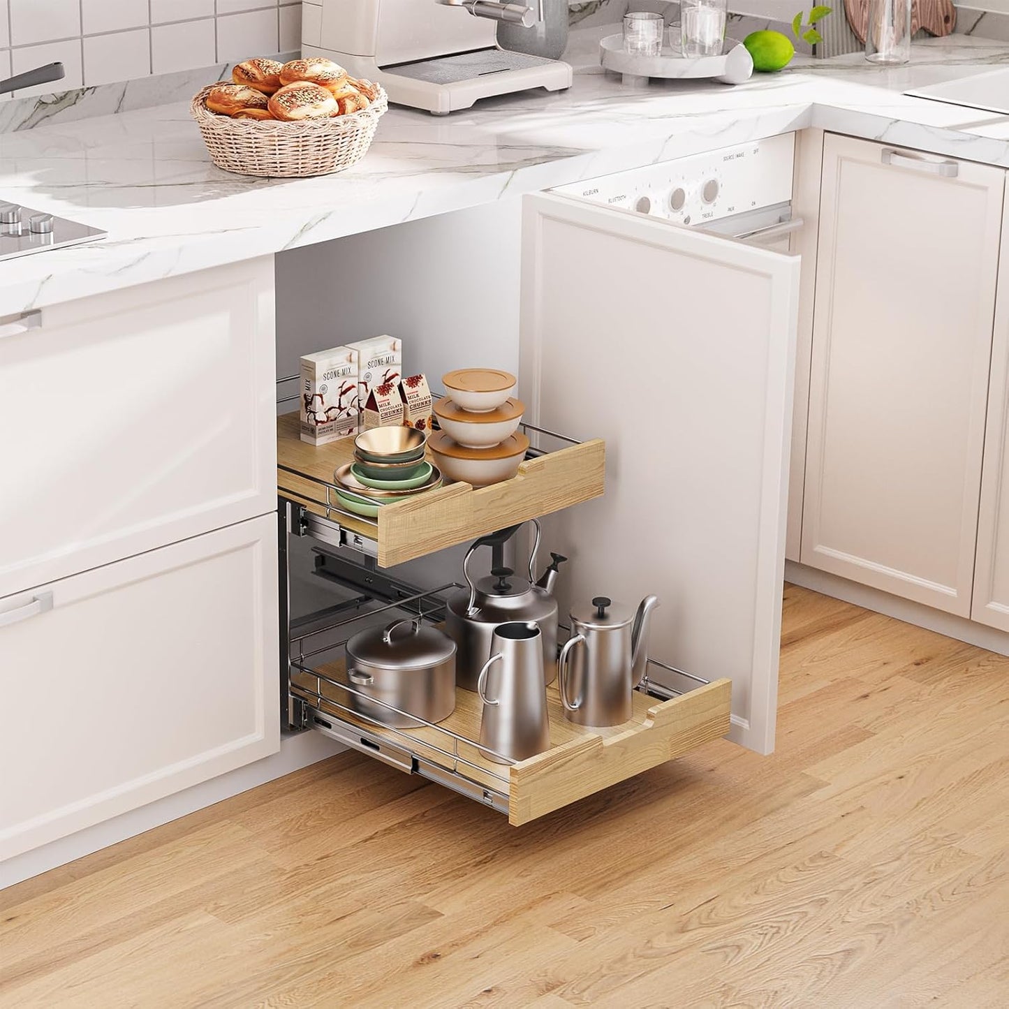 Pull Out Cabinet Organizer,Heavy-Duty Slide Out Shelf, Wood and Wire Basket, Pull Out Drawer for for Kitchen Under Sink Space, Pantry, Bathroom, 2 Tie 11 * 21 in