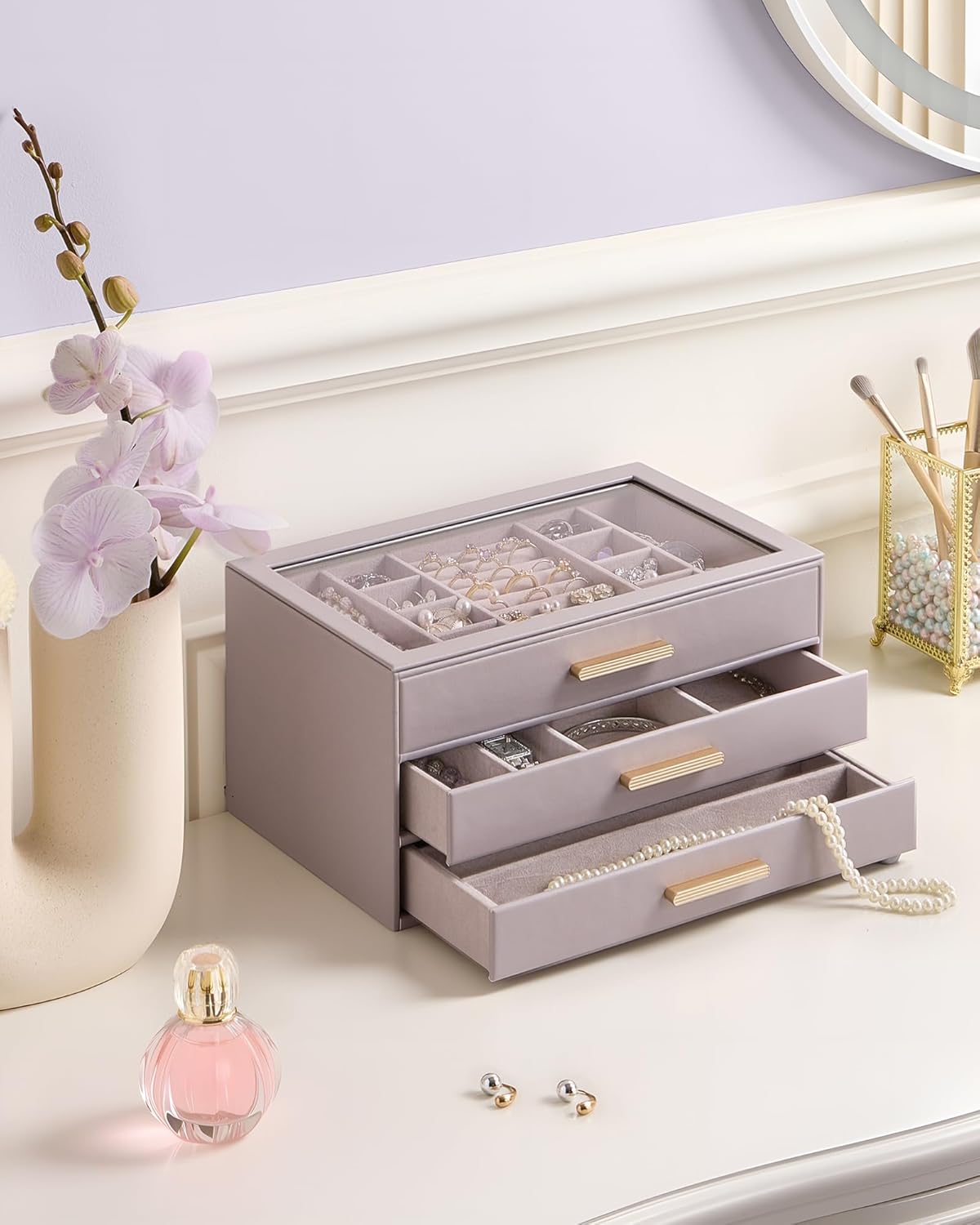 Lolalet Jewelry Box Organizer, 3-Layer Jewelry Organizers and Storage Case with Glass Lid, Ring Earring Bracelet Necklace Holder Organizer, Birthday Christmas Gifts for Women Girls -3Layer, HazePurple