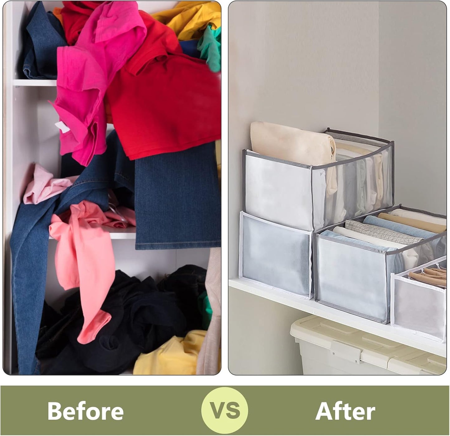 TOOVREN Wardrobe Clothes Organizer, 7 Grids, Drawer Organizers for Clothing, Foldable Closet and Storage Basket, Clothes Compartment Box, Bedroom Dorm Room, 4PCS, Gray