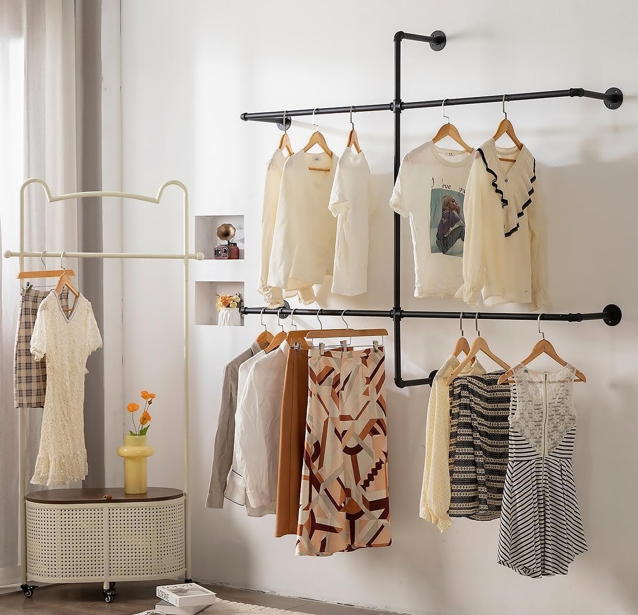 Industrial Pipe Clothing Rack - Wall Mounted Garment Rack as Walk-in Closet System. Sturdy Open Wardrobe for Hanging Clothes - Heavy Duty Clothes Rack with Four Hanging Rods for Home