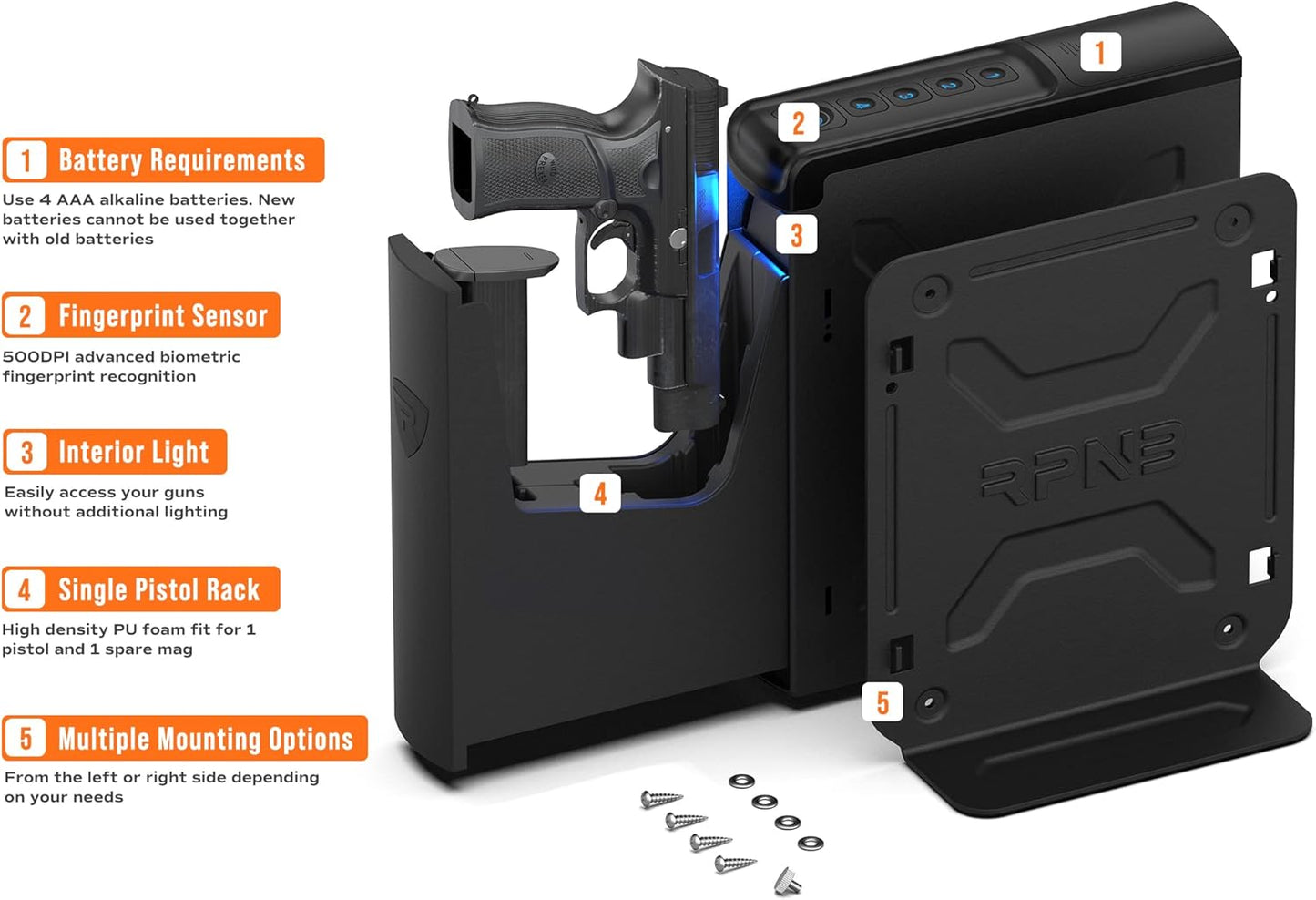 RPNB Gun Safe,Mounted Biometric Nightstand Handgun Safe with Quick Access Sliding Door, Pistol Safes for Wall Bedside Desk Vehicle with the Fingerprint, Keypad, Pistol Holder,Carbon Knight Series