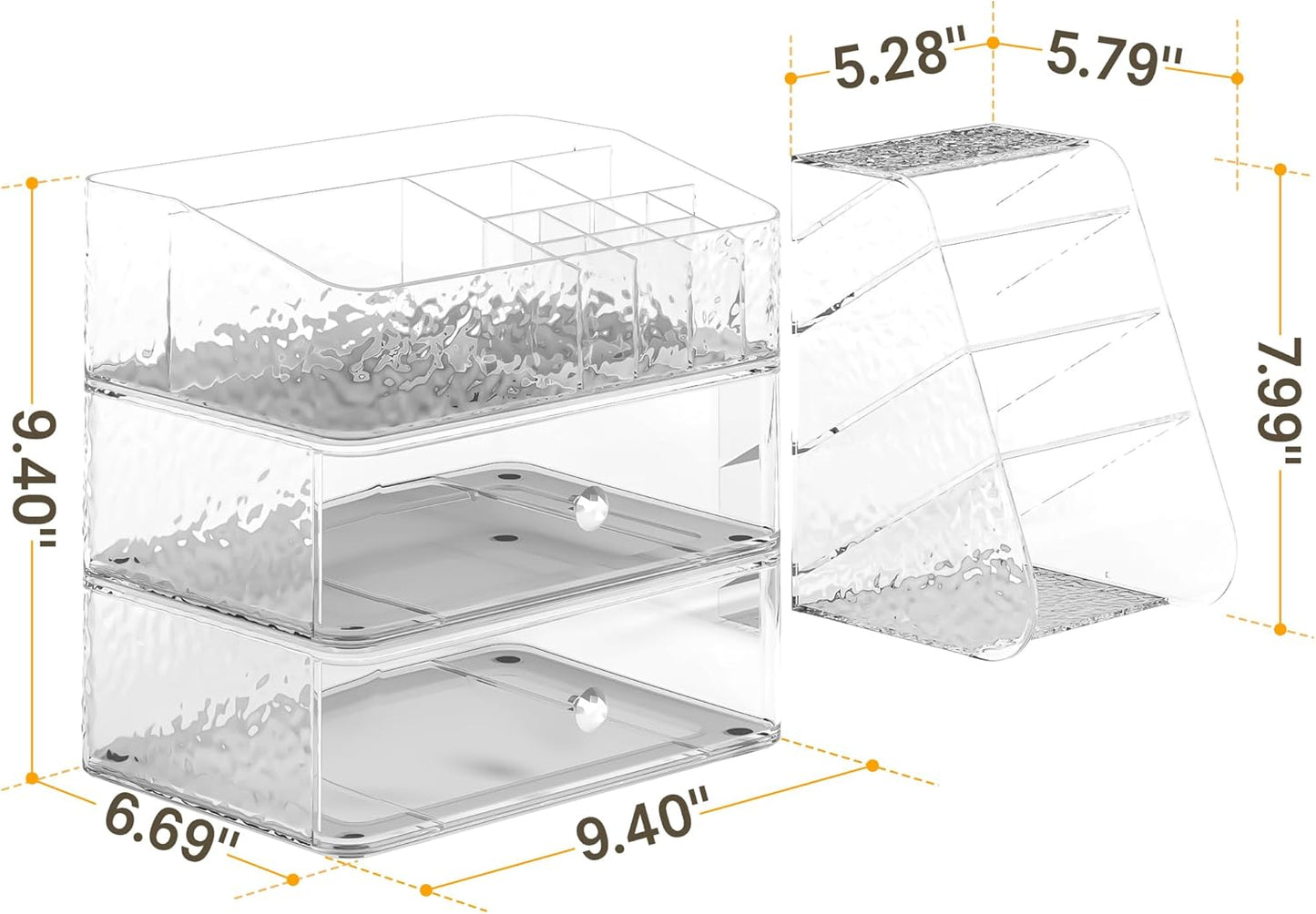 Makeup Organizer with Brush Holder Plastic Makeup Drawers For Vanity Clear Stackable Storage Case Makeup Organizer For Skincare, Brushes, Lipstick, Nail Polishes, Perfumes, Eyeshadow Palettes