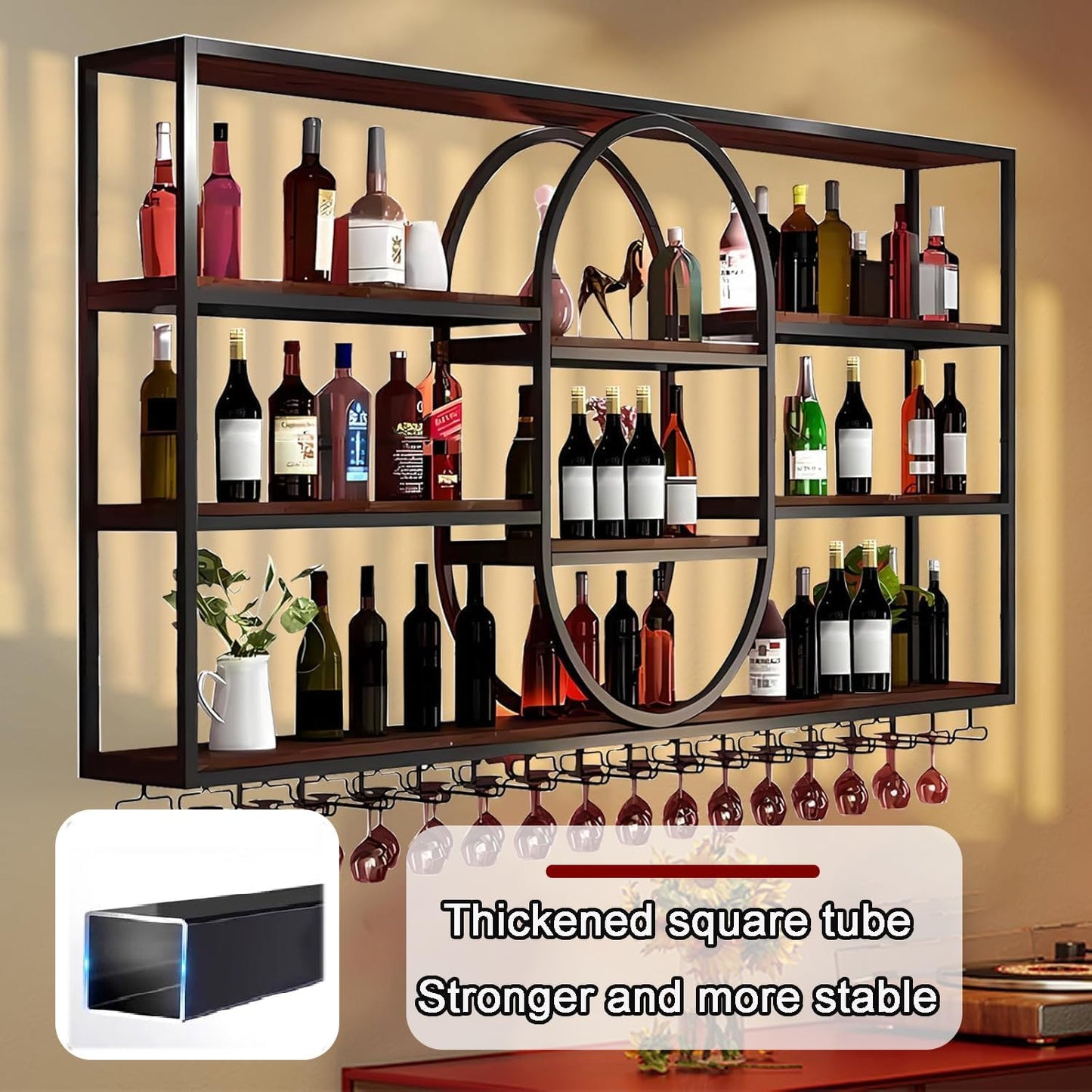 63IN Large Wall Mount Wine Rack, Metal 4 Tier Hanging Bottle Holder with Wine Glass Storage Racks, Modern Floating Wine Shelves for Home Bar Dining Room Decoration (Black)