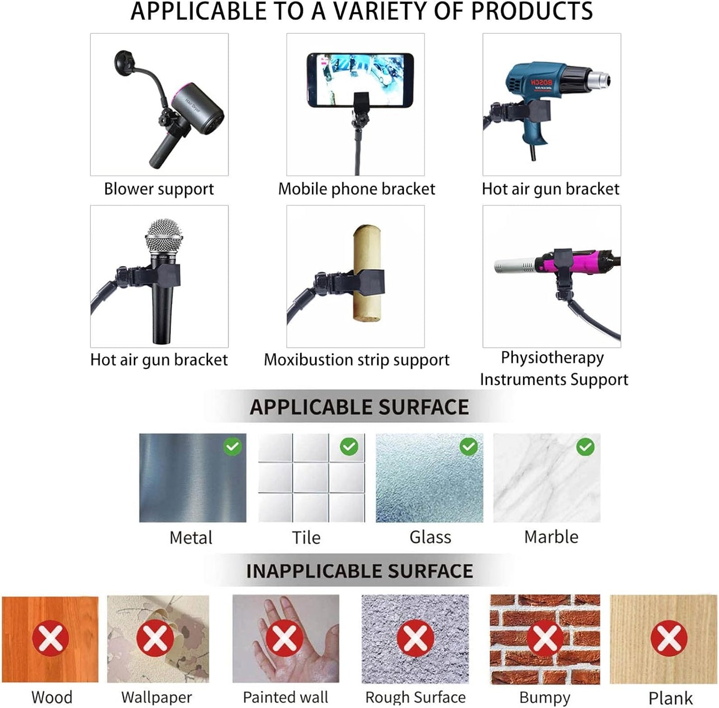 LUEXBOX Adjustable Hair Dryer Holder Stand, 360 Degree Rotation Blow Dryer Bracket with Positionable Arm and Suction Cup, Hands Free Hair Dryer Holder for Mirror and Ceramic Tile (Black 2Pack)