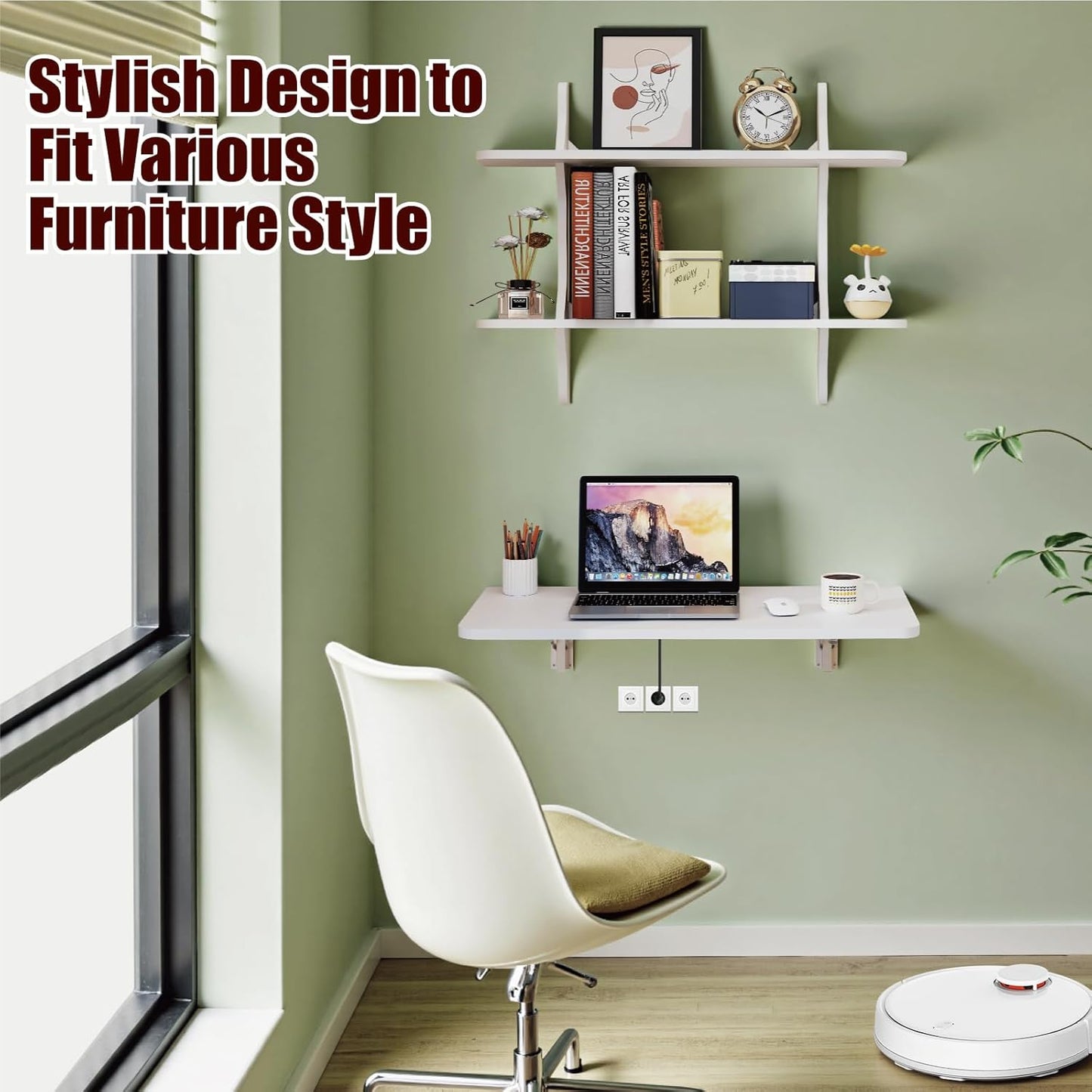 Pmnianhua Wall Mounted Folding Table, 31'' Floating Laptop Desk with Shelves, Foldable Drop Leaf Table, Wall Mount Fold Down Table for Laundry Room Kitchen Bar Home Office Small Space(White)