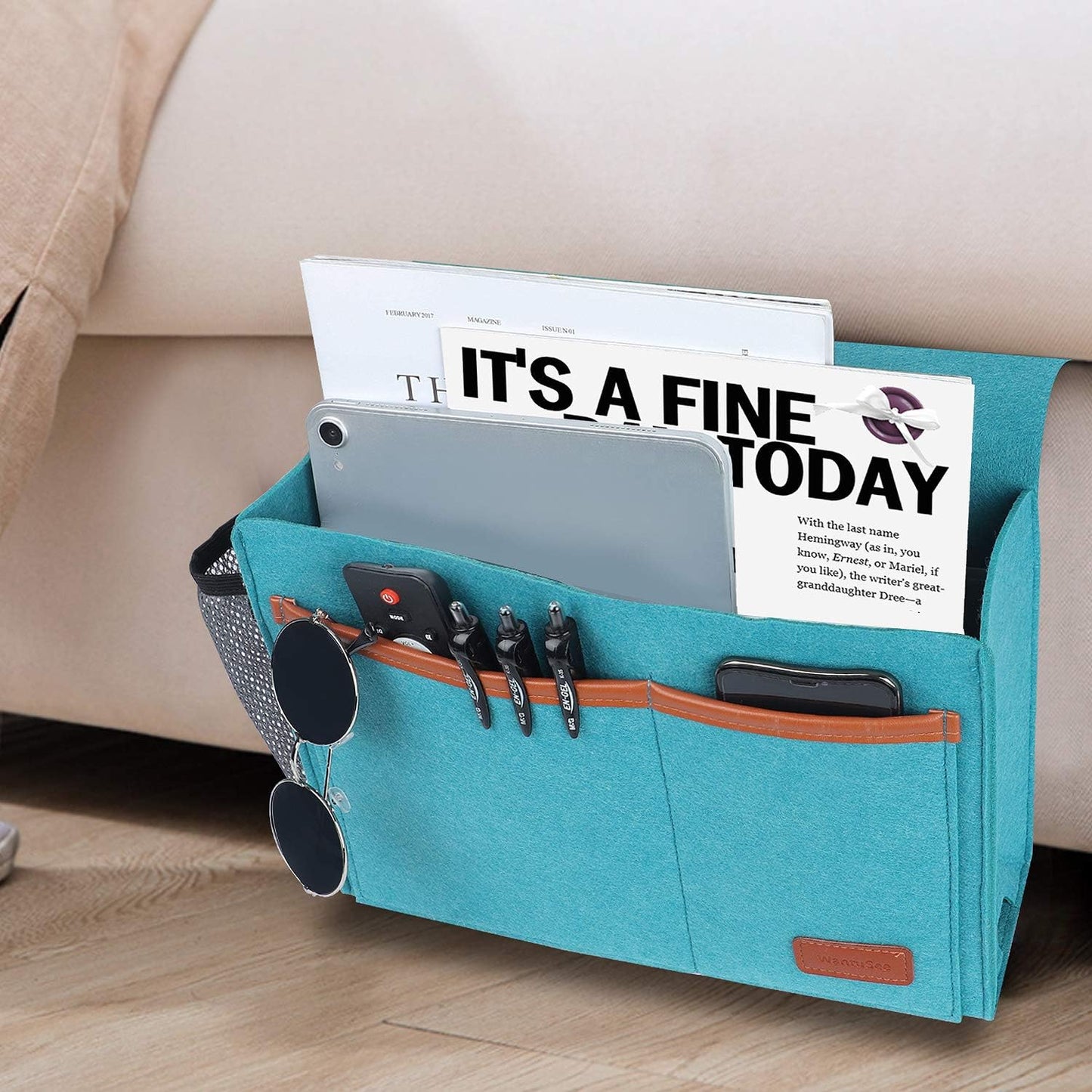 Bedside Caddy, Bed Storage Organizer for Remote Controller, Books, Magzine, Laptop Holder, 12.4'' x 8.6'' inch Bedside Hanging Felt Storage Bag for Dorm Bed with 5 Pockets, Celadon