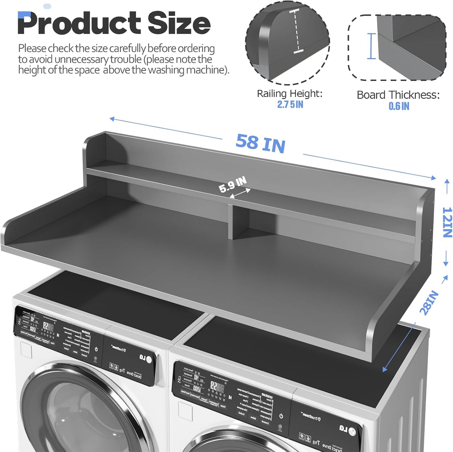 2-Tier Washer and Dryer Countertop with 2.75" H Guard,58" W x 28" D Laundry Countertop Cover with Non-Slip Pad,Large Space Laundry Topper for Folding Clothes Over Washer and Dryer-Grey