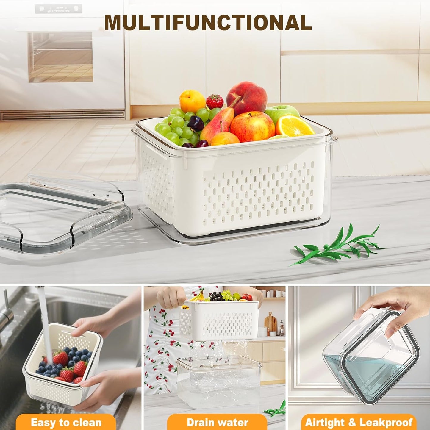 8 Pcs Fruit Storage Containers for Fridge (with Drain Basket) - Leak-Proof Food Containers, BPA-Free, Keep Fruits, Vegetables, Berries, and Meats Fresh for a Long Time, Dishwasher and Microwave Safe