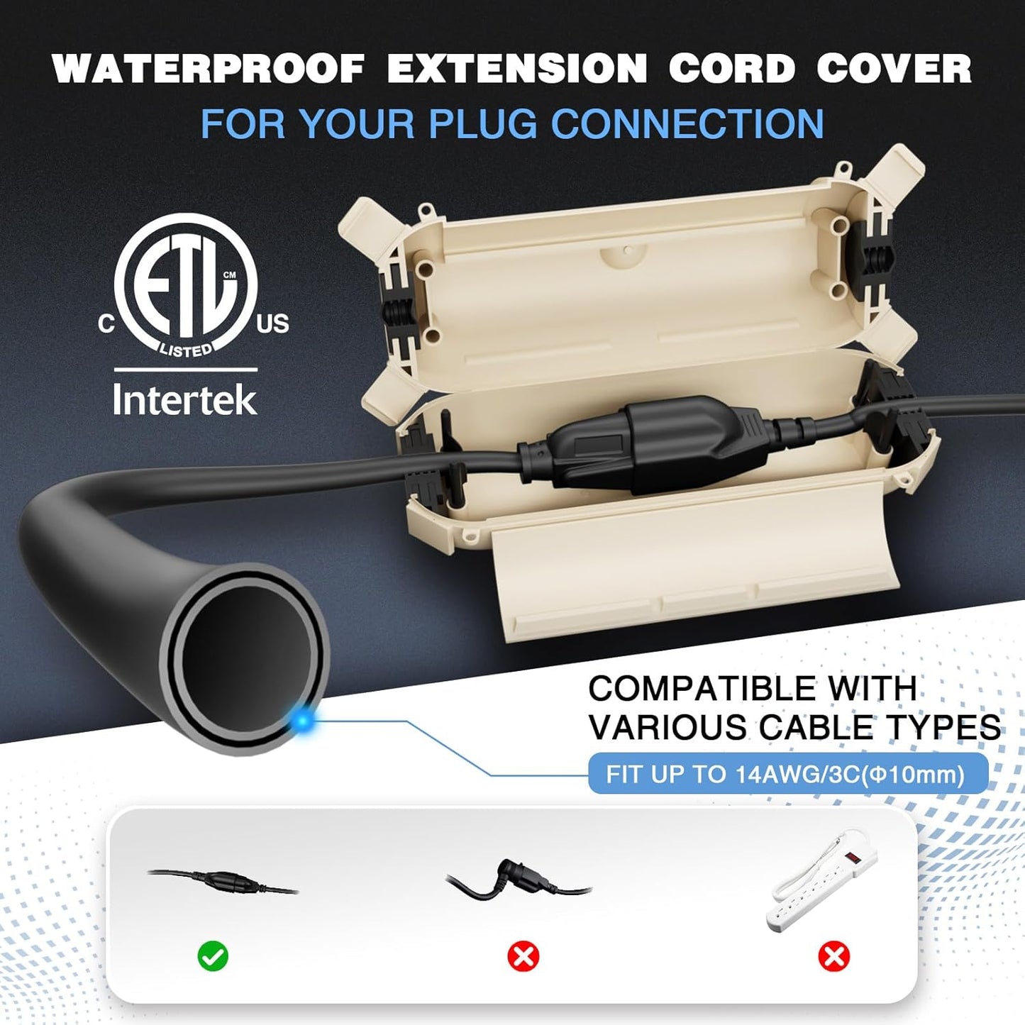 Flemoon [3 Pack] Outdoor Extension Cord Cover Waterproof, Weatherproof Electrical Connection Box for Straight Plug, Outlet, Socket, Halloween, Christmas Holiday Decoration String Light, Almond