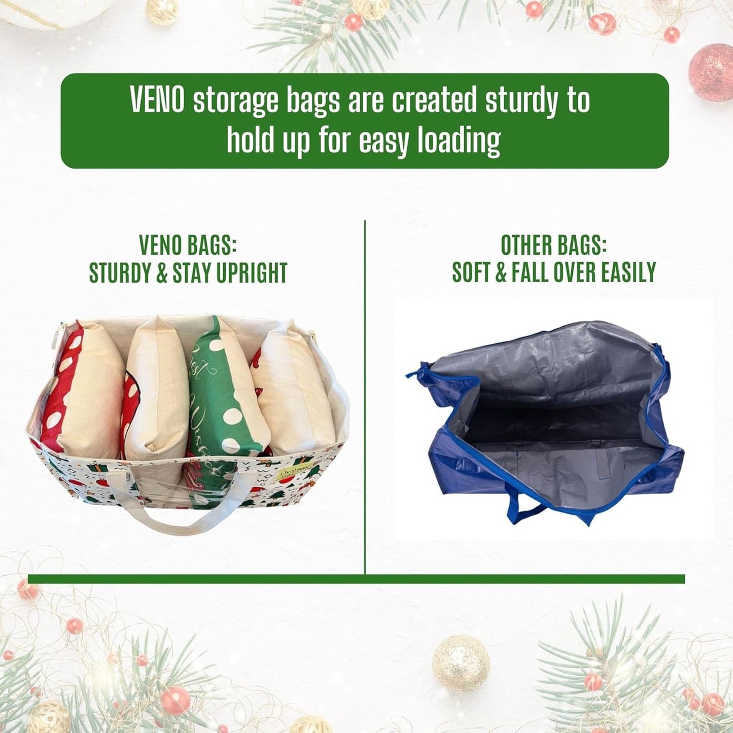 VENO 6 Pack Moving Bags, Large Christmas Storage Bins with lids, Packing Supplies for College, Alternative to Moving Boxes, Foldable, Heavy-Duty Tote, Christmas Pattern (Jingle Mix, 6 Pack)