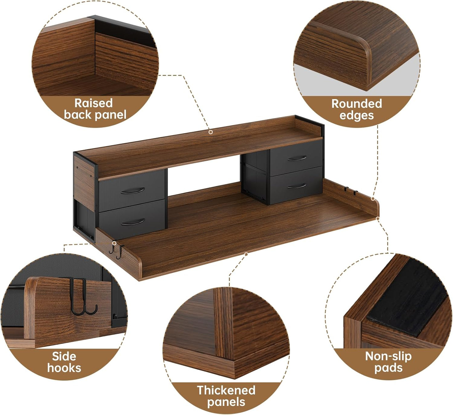 4 Drawers Washer Dryer Countertop with Shelf, 27.5" D x 54" W Laundry Topper with 3.54" High Guardrails and Non-Slip Pads,Extra Storage Organizer for Over Washer and Dryer, Holds 66 Lbs,Dark Walnut