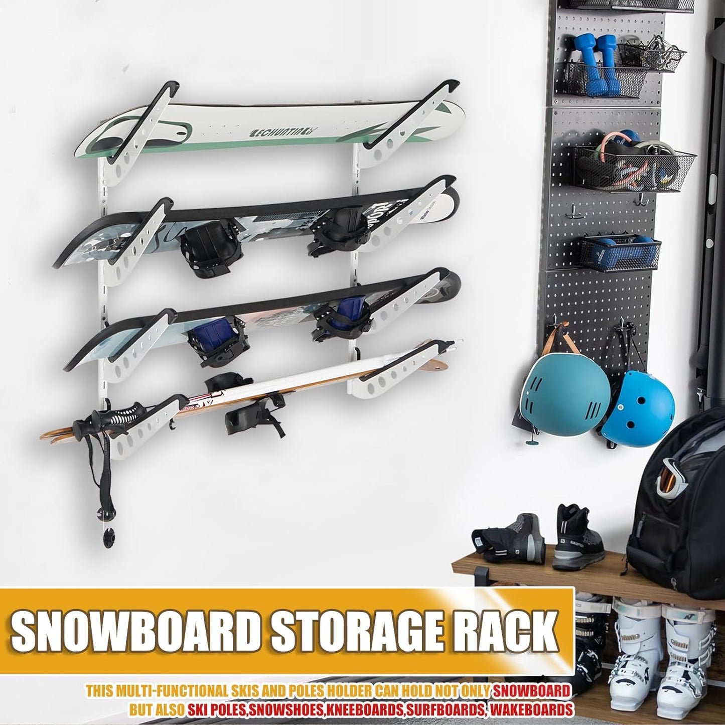 Snowboard Wall Racks, Adjustable Storage Rack for Ski, Surfboard, Wakeboard, Snowboard Wall Mount Display, White/Black