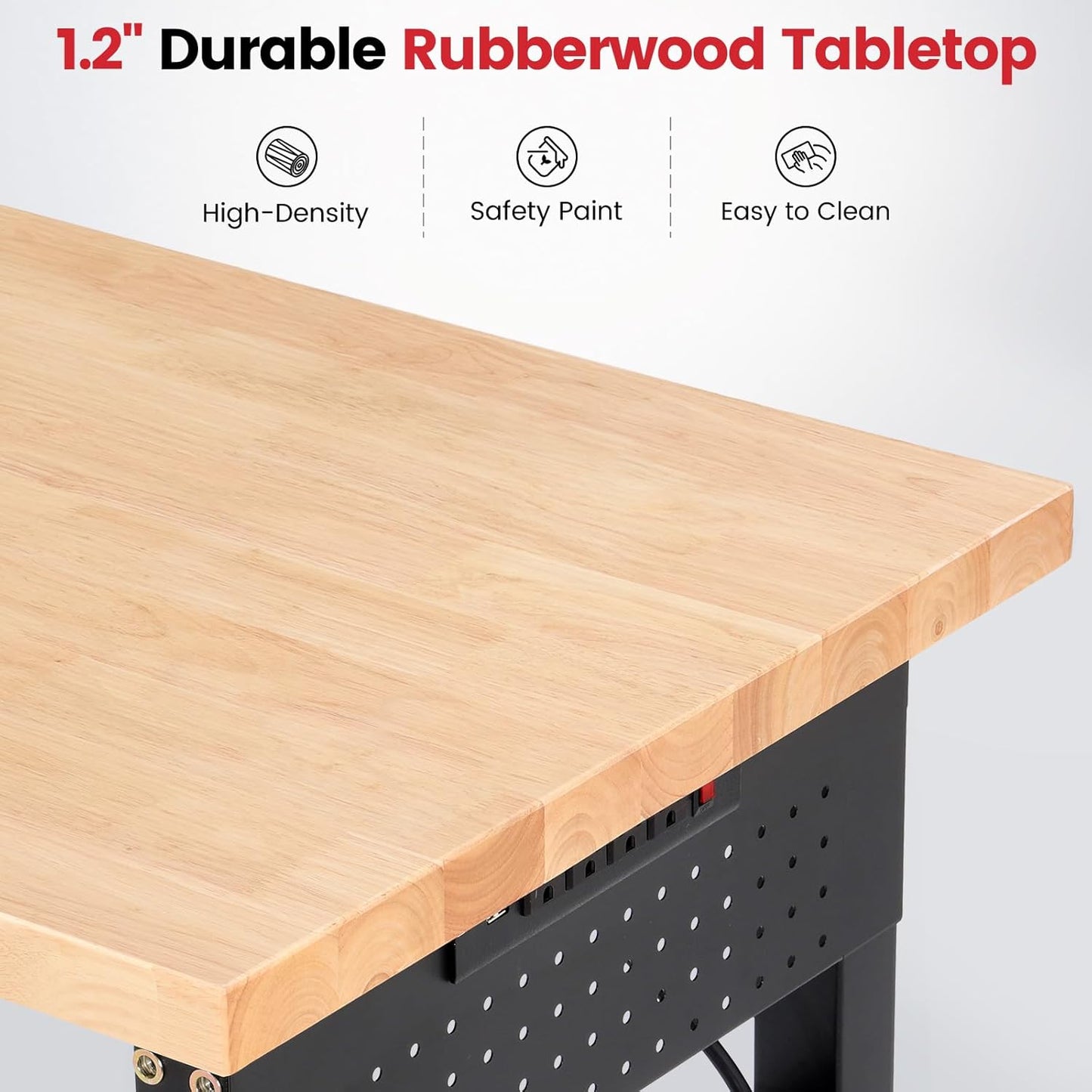 Workbench 84 Inch Heavy Duty Rubber Wood Top Work Bench Adjustable Height Work Table 5000 Lbs Load Capacity with Power Outlets & Extended Pegboard for Garage, Home, Office