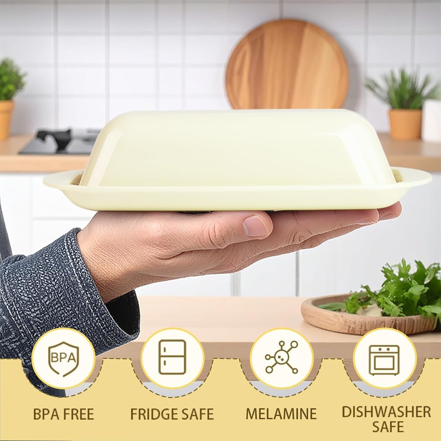 Butter Dish with Lid and Knife, Durable Countertop & Fridge Butter Keeper, BPA-Free Melamine Butter Container, Dishwasher Safe, Fits East/West Coast Butter Sticks (Cream)