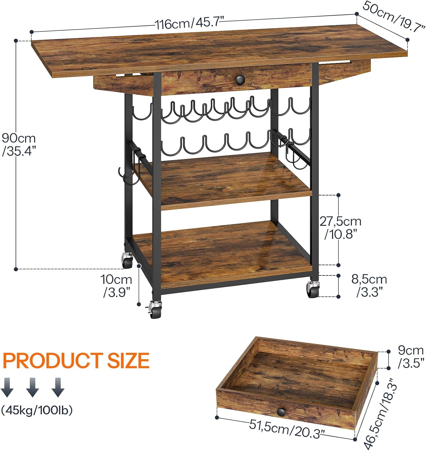 HOOBRO Foldable Heat Press Table, Movable Heat Transfer Stand with Vinyl Roll Holder and Drawer, 3-Tier Craft Table with Folding Shelf, Mobile Workbench Cart for DIY Sublimation, Rustic Brown BF84CJ01