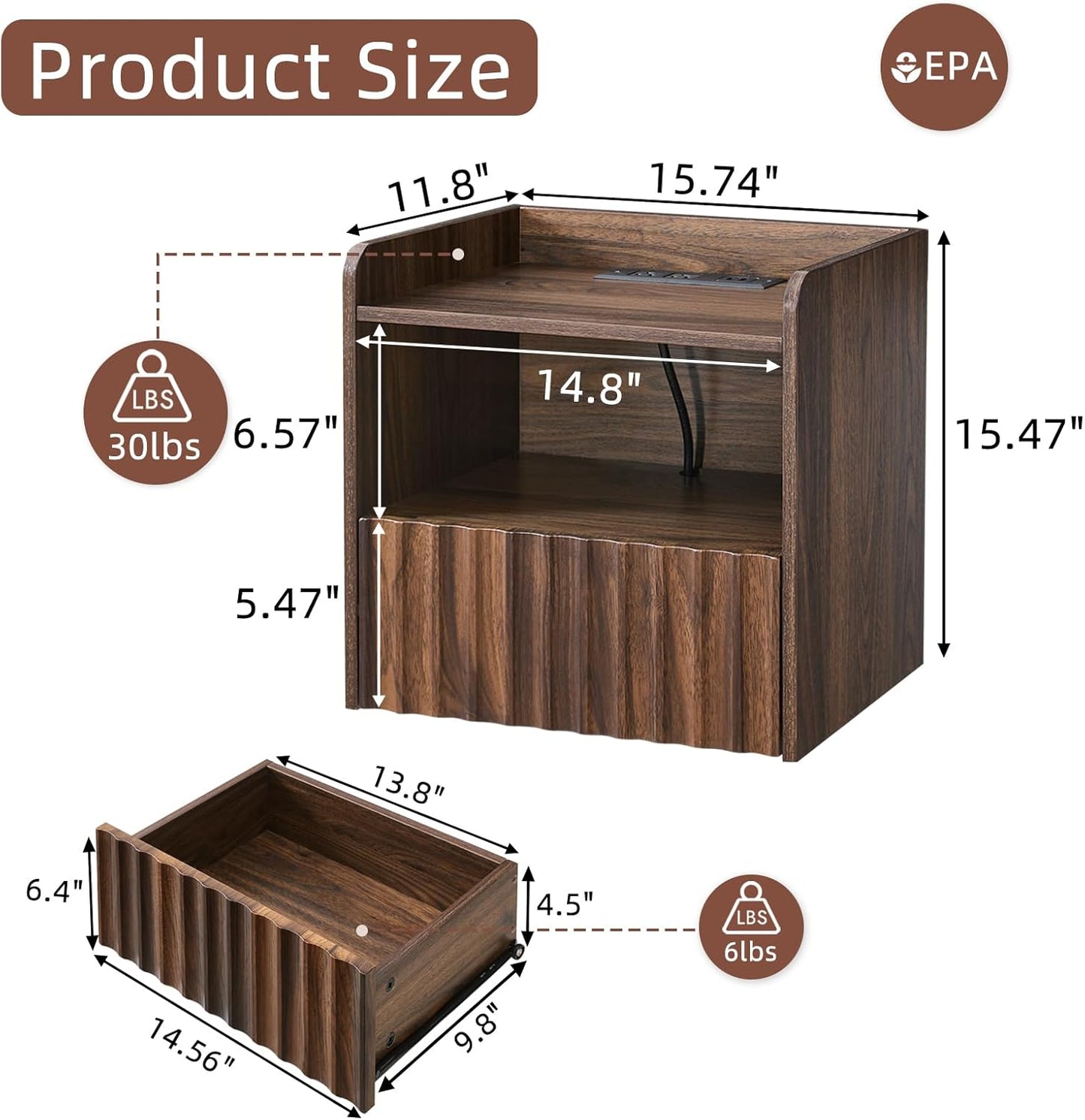 Modern Fluted Floating Nightstand Wall Mounted - Bedside Table with Storage Drawer & Display Shelf, Minimalist Bedroom Furniture for Studio Apartments(Walnut)