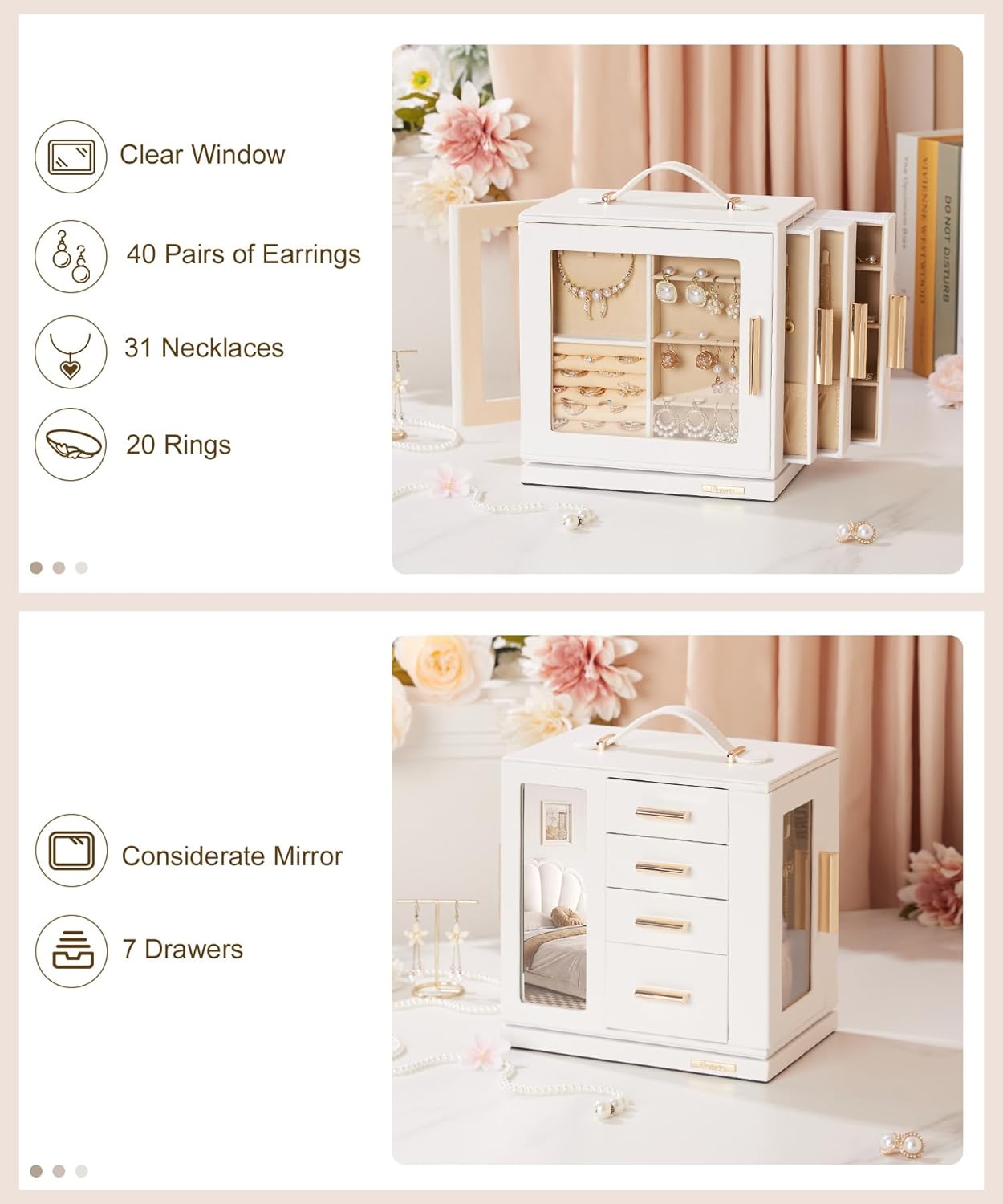 Homde Christmas Gifts Jewelry Box 360° Rotating, Necklace Earring Organizer with Transparent Window, Mirror, 7 Drawers, Large Ring Display Storage Case for Girls Women (White)