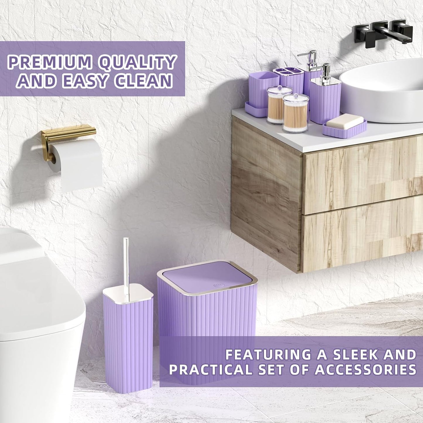Bathroom Accessories Set - 25PC Bathroom Sets with Shower Curtain and Rugs, Purple Bathroom Accessories with Trash Can, Soap Dispenser, Soap Dish & Toilet Brush