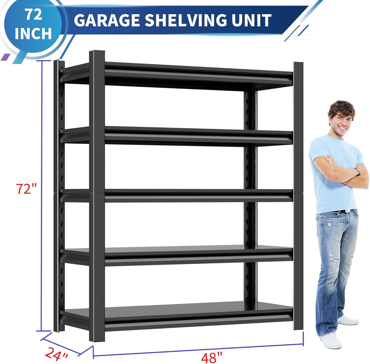Garage Shelving Unit 24" D x 48" W x 72" H Heavy Duty Storage Shelves Easy Assembly 5 Tier Adjustable Metal Shelving Utility Shelf Rack Garage Storage Organizer for Basement, Warehouse