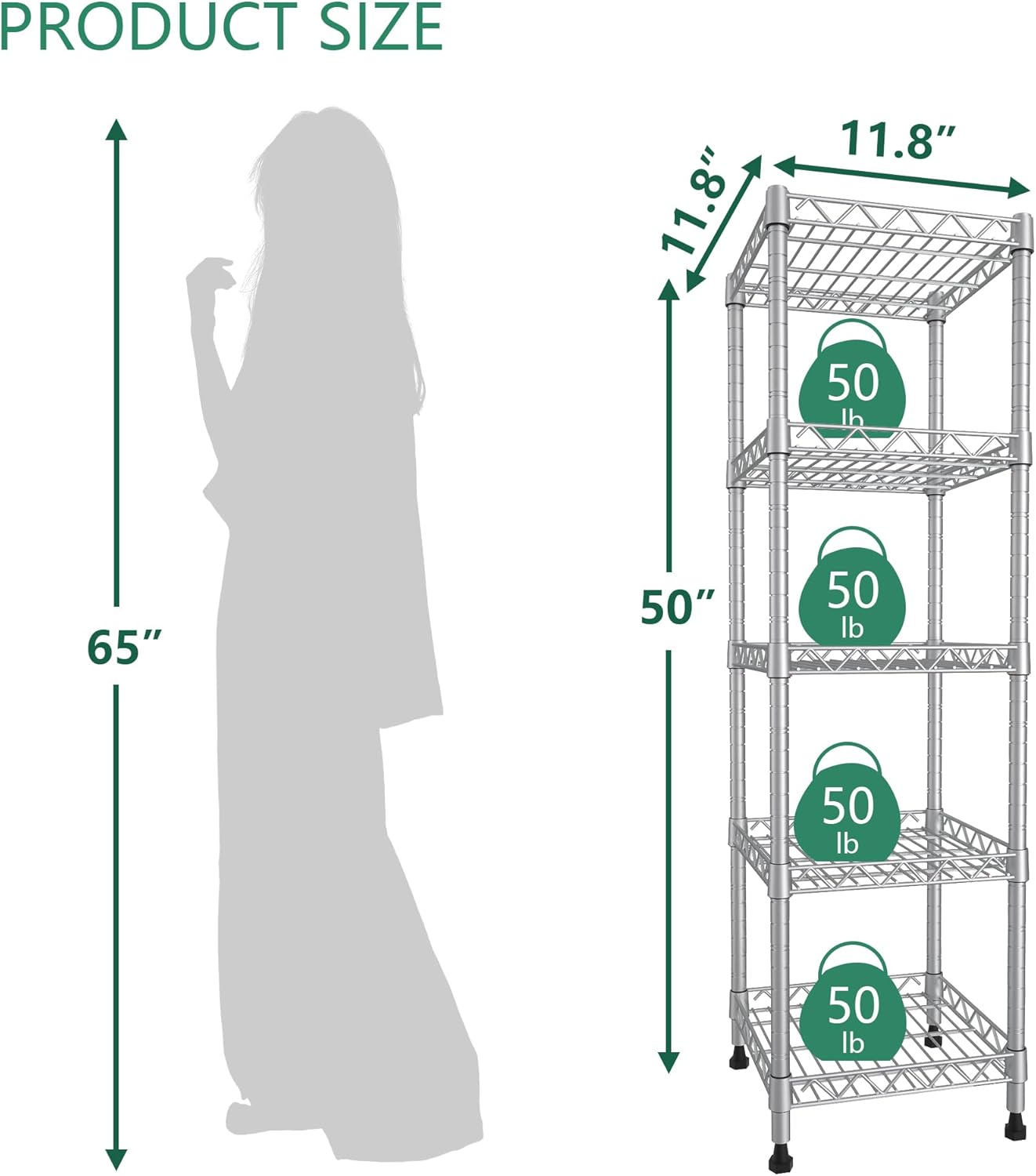 GIOTORENT 5 Tier Standing Shelving Metal Units, Adjustable Height Wire Shelf Display Rack for Laundry Bathroom Kitchen 11.8 W x 11.8 D x 50 H (5-Tier, Grey, Matte/Glossy Finish)