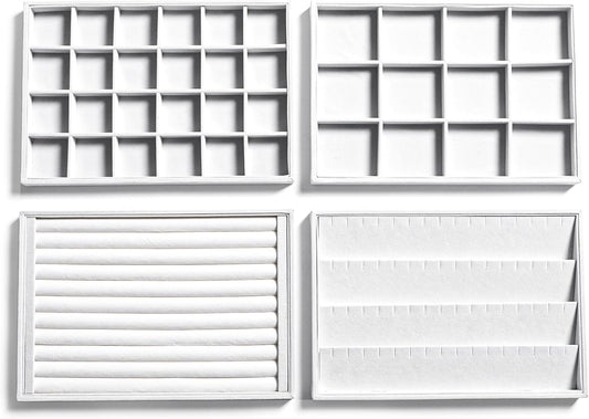 Frebeauty Stackable Velvet Jewelry Organizer Trays for Drawers Inserts Jewelry Storage Tray Display Case, Stud Earrings Bracelets Necklace Rings Accessories Trays for Women(Set of 4)(White)