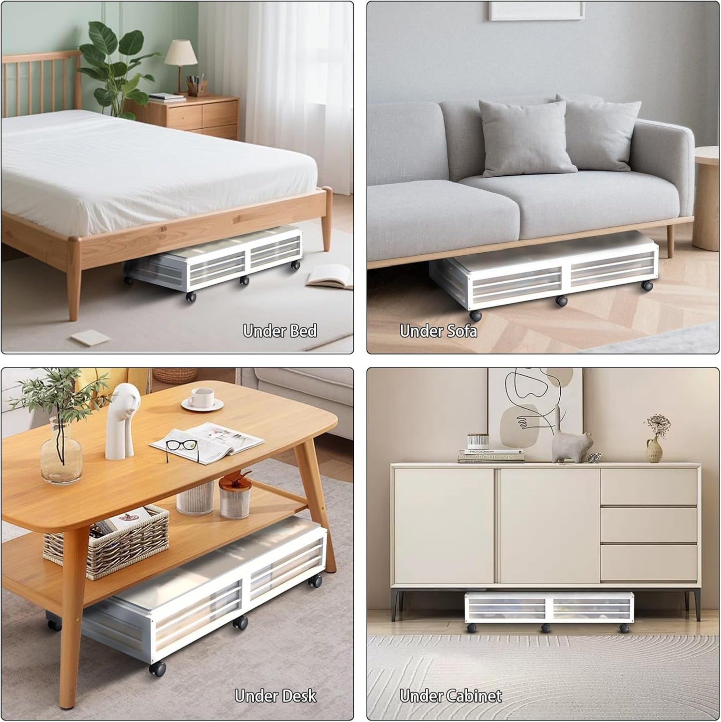 Under Bed Storage Containers with Wheels, Larger Bamboo Wood Under Furniture Storage Containers with Dust Bags，Rolling for Shoes Clothes