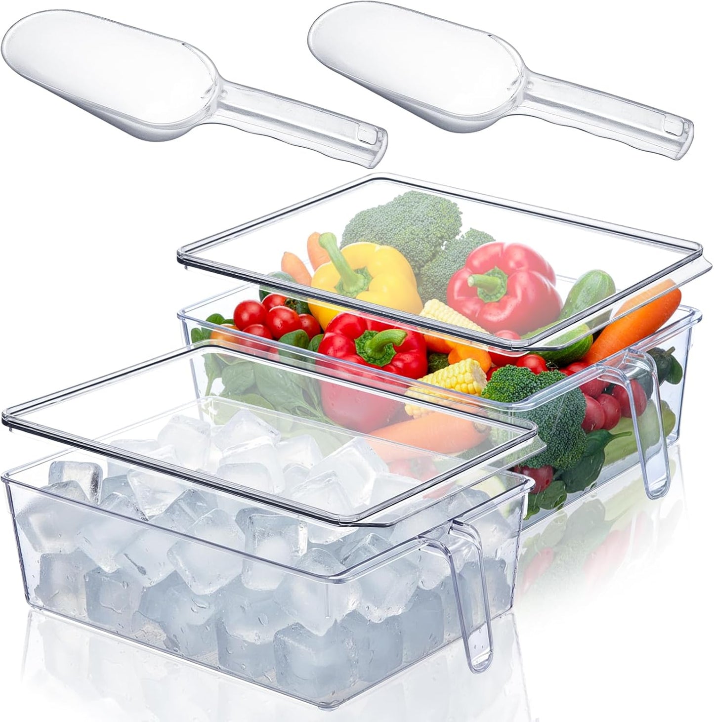 Havawish 4 Pcs Ice Storage Bin for Freezer with Lid and Flexible Scoop Set Plastic Ice Container with Lid Handle for Home Office Fridge Storage (12.4 x 8.07 x 3.94 Inches,Clear)