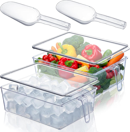 Havawish 4 Pcs Ice Storage Bin for Freezer with Lid and Flexible Scoop Set Plastic Ice Container with Lid Handle for Home Office Fridge Storage (12.4 x 8.07 x 3.94 Inches,Clear)
