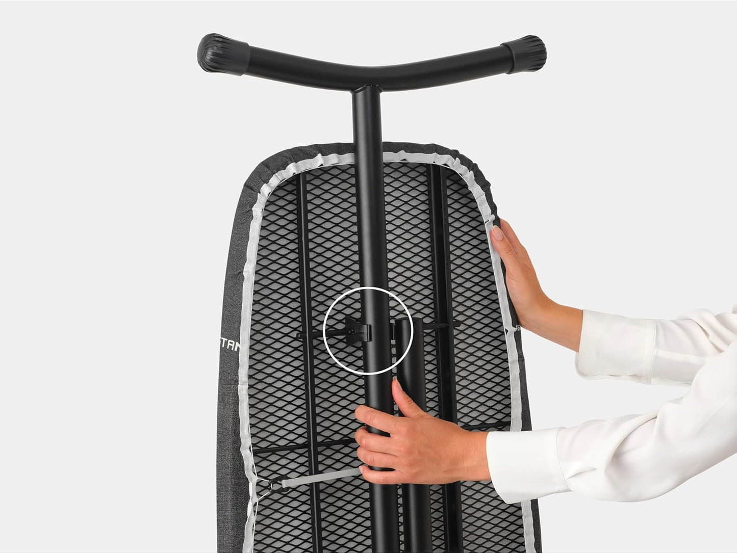 Brabantia Size D Ironing Board (53 x 18in) Heat Resistant Parking Zone, Black Frame, Non-Slip Feet, Suitable for Sit Down Ironing (Denim Black)