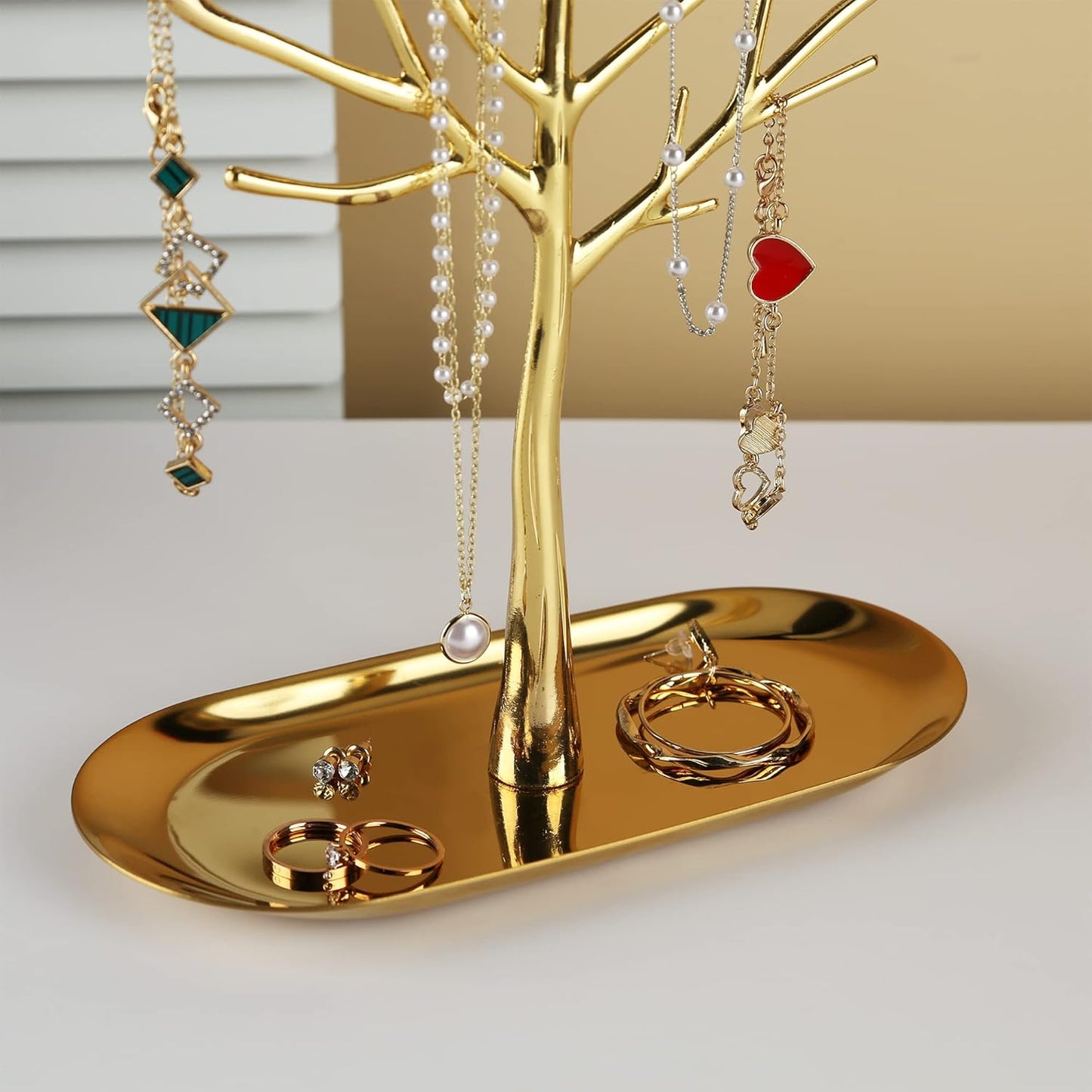 MORE&LESS Branch Jewelry Rack with metal tray,Luxury color,Tree Tower Rack Hanging Organizer for Ring Earrings Necklace Bracelet,Suitable for living rooms, bathrooms,offices,etc.