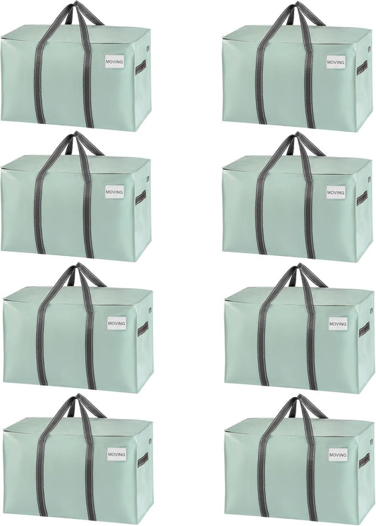VENO 8 Pack Moving Bags and Large Christmas Storage Bins with lids. Alternative to Moving Boxes, Packing Supplies for College. Extra Large Heavy Duty Totes for Packaging (Shiny Light Green, 8 Pack)