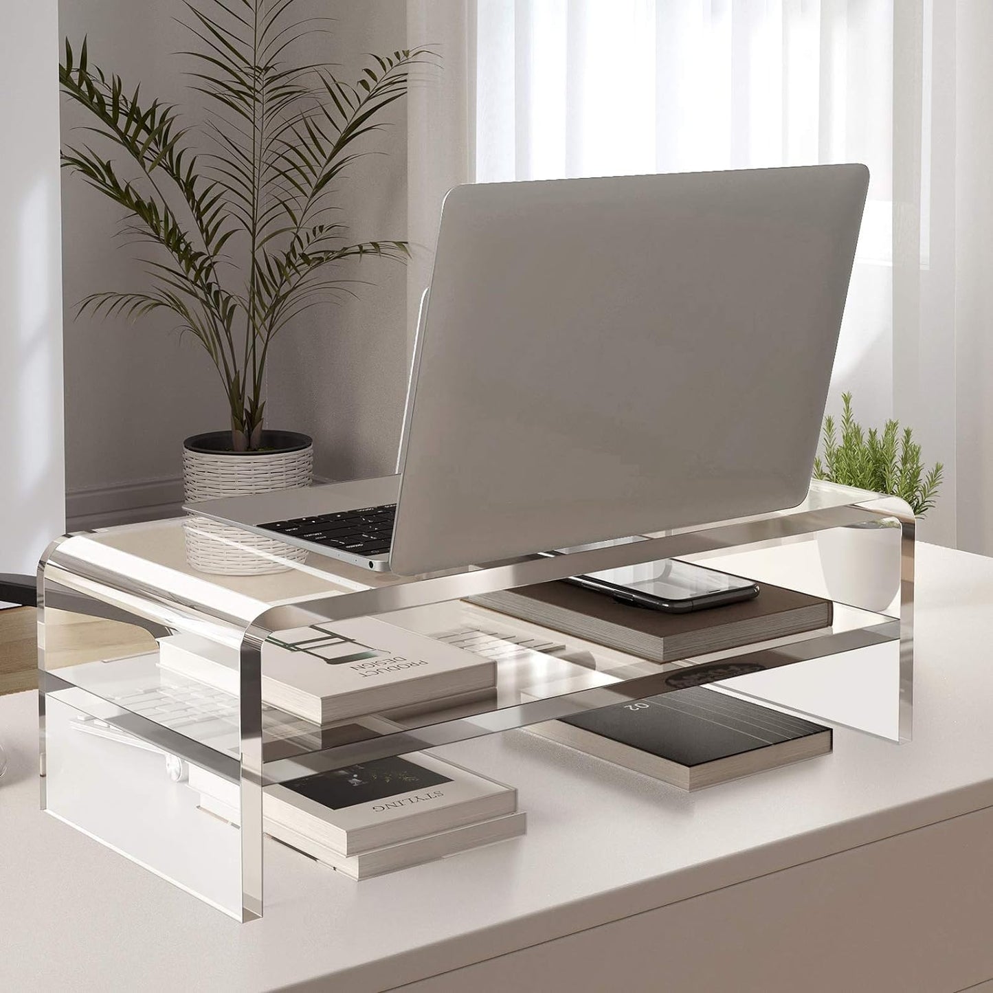 Acrylic Monitor Stand,2 Tiers Computer Monitor Riser(18x8x5.5 inches),Computer Stand/Monitor Riser for Office,School,Home,Laptop Stand Desktop Stand for Keyboard Storage&Printer TV Screen