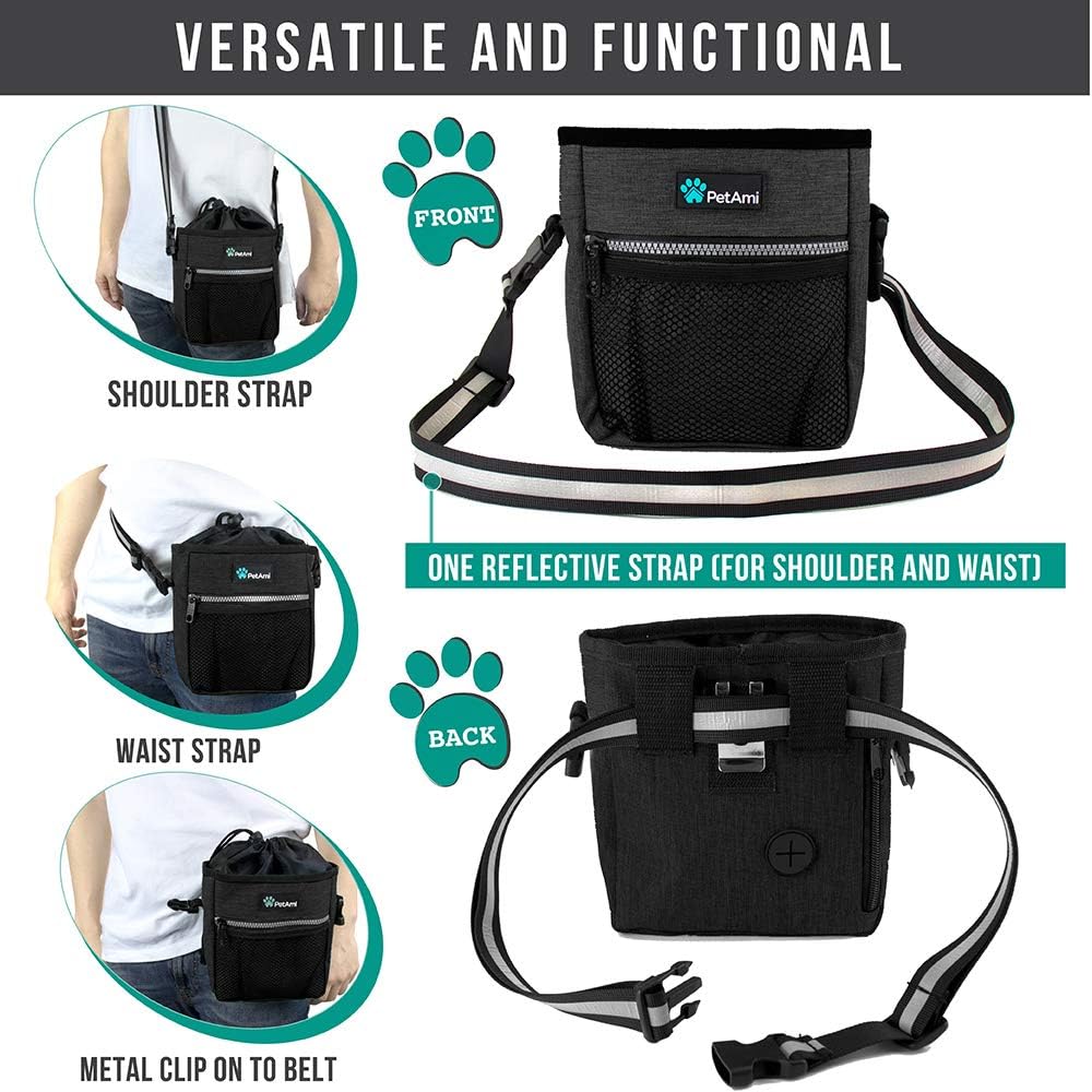 PetAmi Dog Treat Pouch, Pet Treat Pouch for Training, Dog Walking Bag Holder for Kibbles, Pet Food Toy, Dog Trainer Essentials Supplies, Poop Bag Dispenser, 3 Ways to Wear (Charcoal)