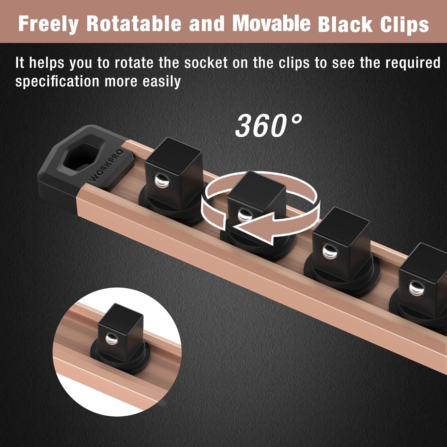 WORKPRO Magnetic Socket Organizer, 3/8-Inch Drive Aluminum Alloy Socket Rail, Heavy Duty Socket Holder, Socket Rack Kit 3/8-Inch x 10 Clips Champagne (Socket not Included)