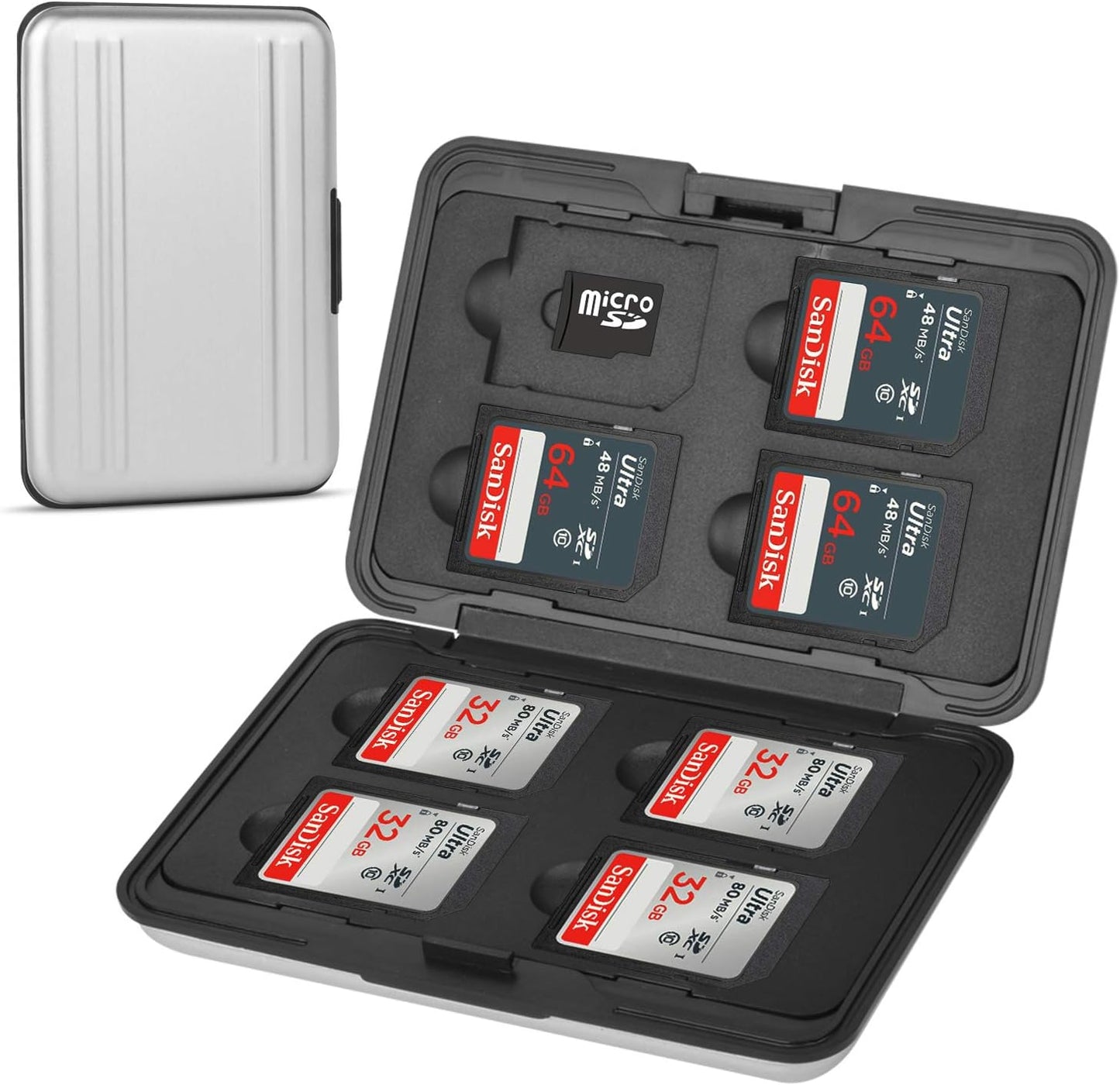 Aluminum Shock Resistant Carrying Box Memory Card Storage Case Holder 8 Slots for SD SDHC MMC Micro SD TF Cards Silver