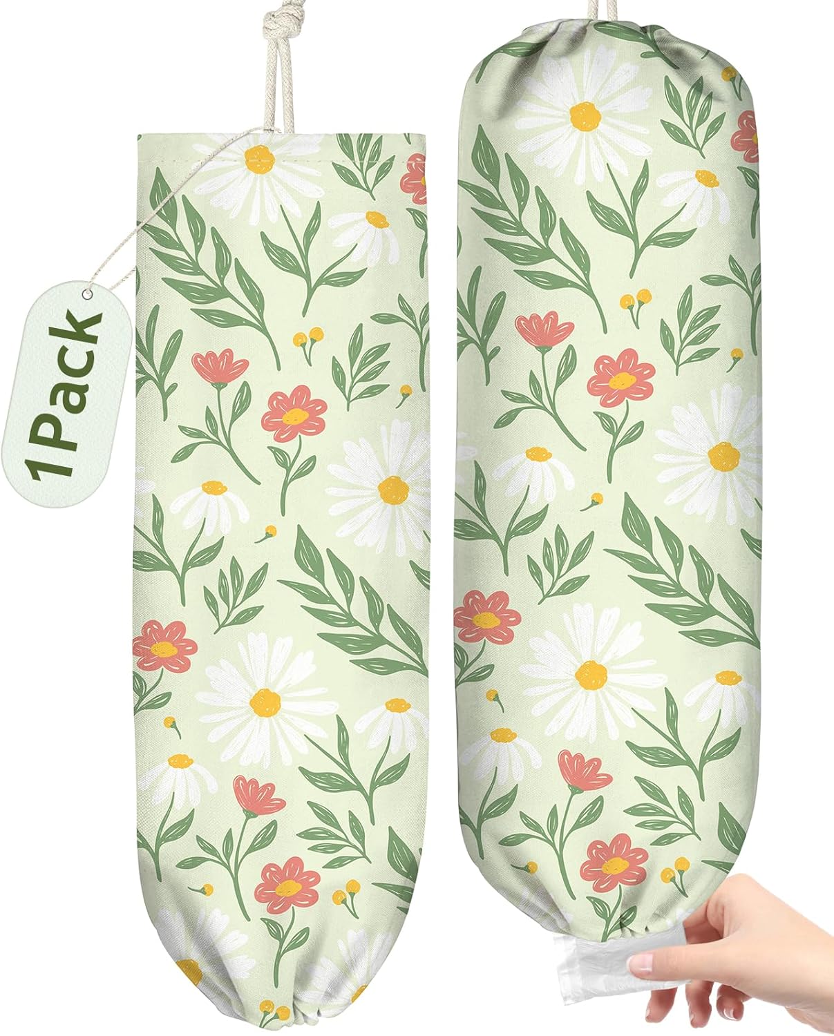 Plastic Bag Holder, Grocery Bag Organizer - 1 Pack Cute Kitchen Dispenser Holders Reusable Shopping Western Hanging Wall with Adjustment Drawstring Closure for Women Home, Daisy