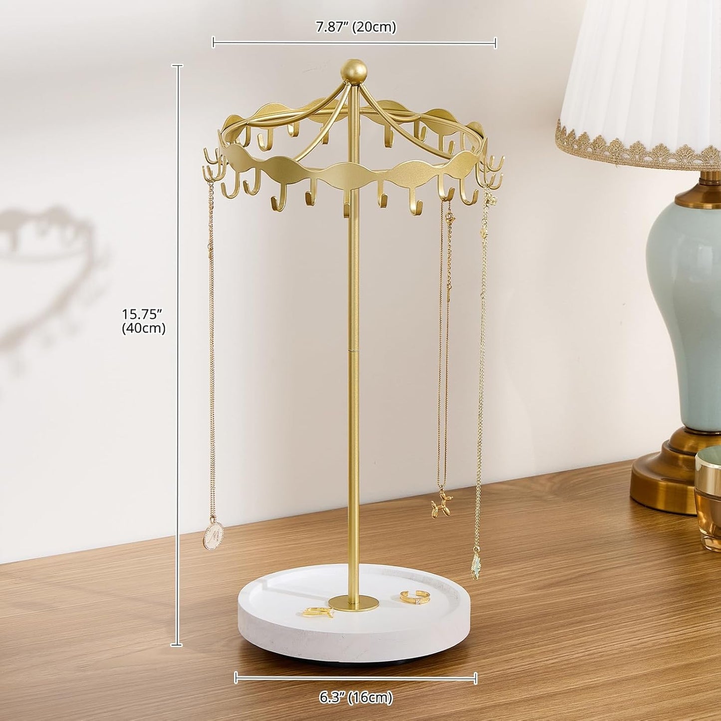 Lolalet Rotating Necklace Holder Stand with Metal Hooks, Spinning Display Carousels, Freestanding Organizer Hanger, for Long Necklaces Chains -Gold