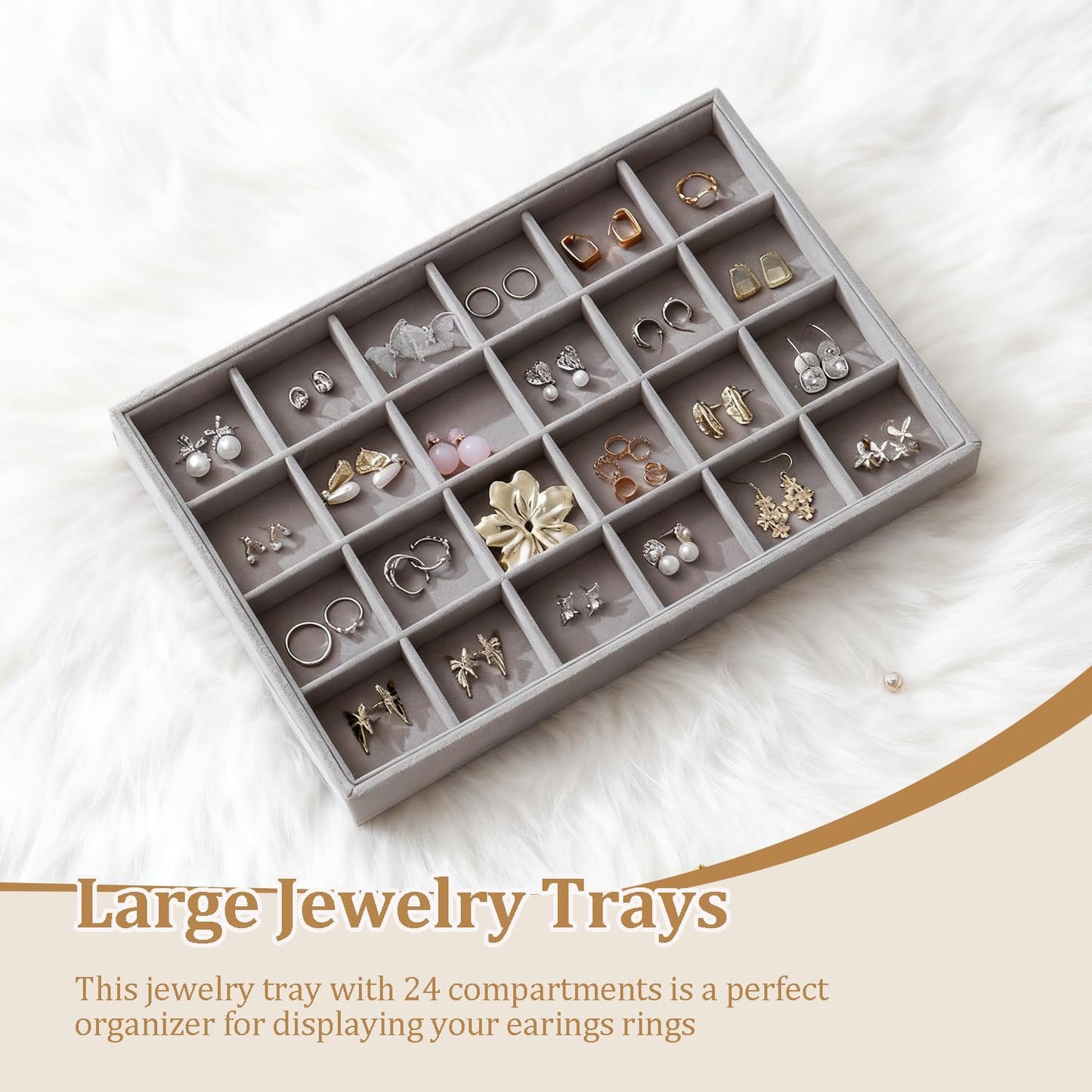 Large Jewelry Organizer for Drawer Insert Velvet Stackable Jewelry Trays for Earring Necklace Bracelet Ring Display (Gray, 24 Grids)