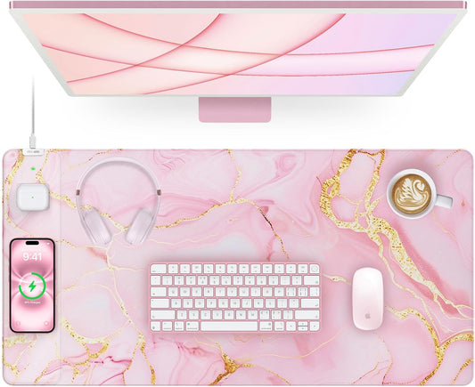 Wireless Charging Mouse Pad, 31.5"x15.8" Large Gaming Desk Mat for Keyboard/Laptop, Waterproof Ultra-Smooth Surface, Non-Slip Base, Pink Marble