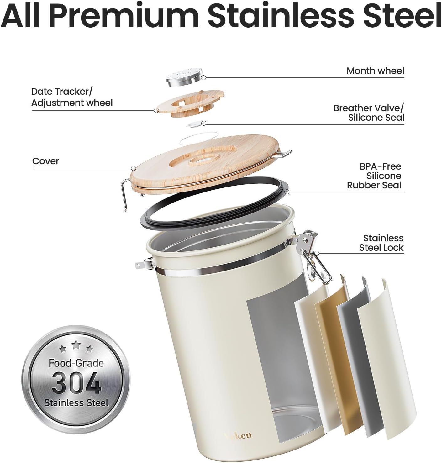 Veken Coffee Canister, 39OZ Large, Airtight Stainless Steel Food Storage Container for 2.2lbs Coffee Beans, Ground, Sugar, Tea, Flour, Cereal, Kitchen Bar Accessories with Date Tracker & Scoop, Cream