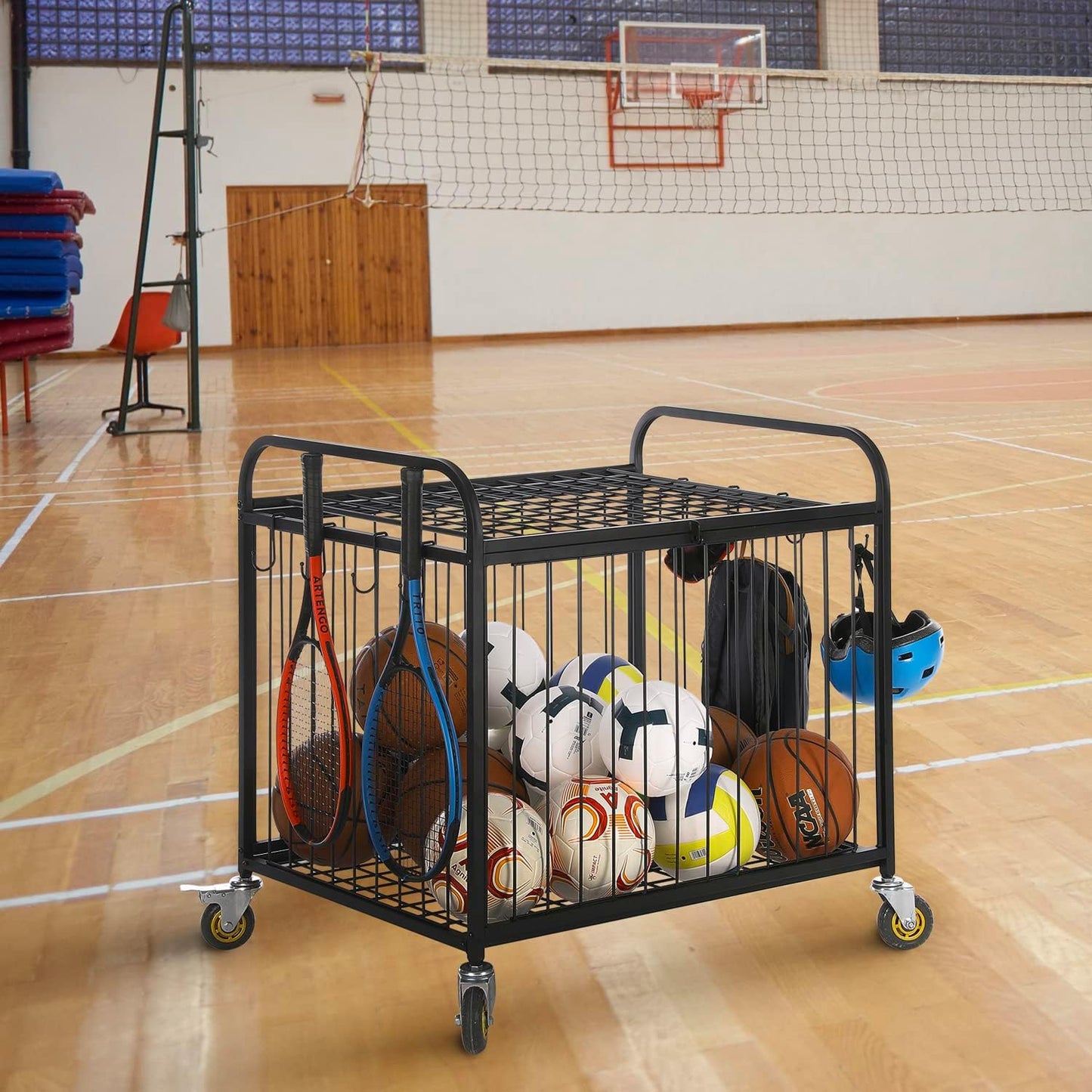 MyGift Large Capacity Metal Rolling Multi Sports Ball Cage Storage Hopper, Gym Equipment Basket Cart with Lockable Latch, Heavy Duty Caster Wheels, and 8 Accessory Hooks