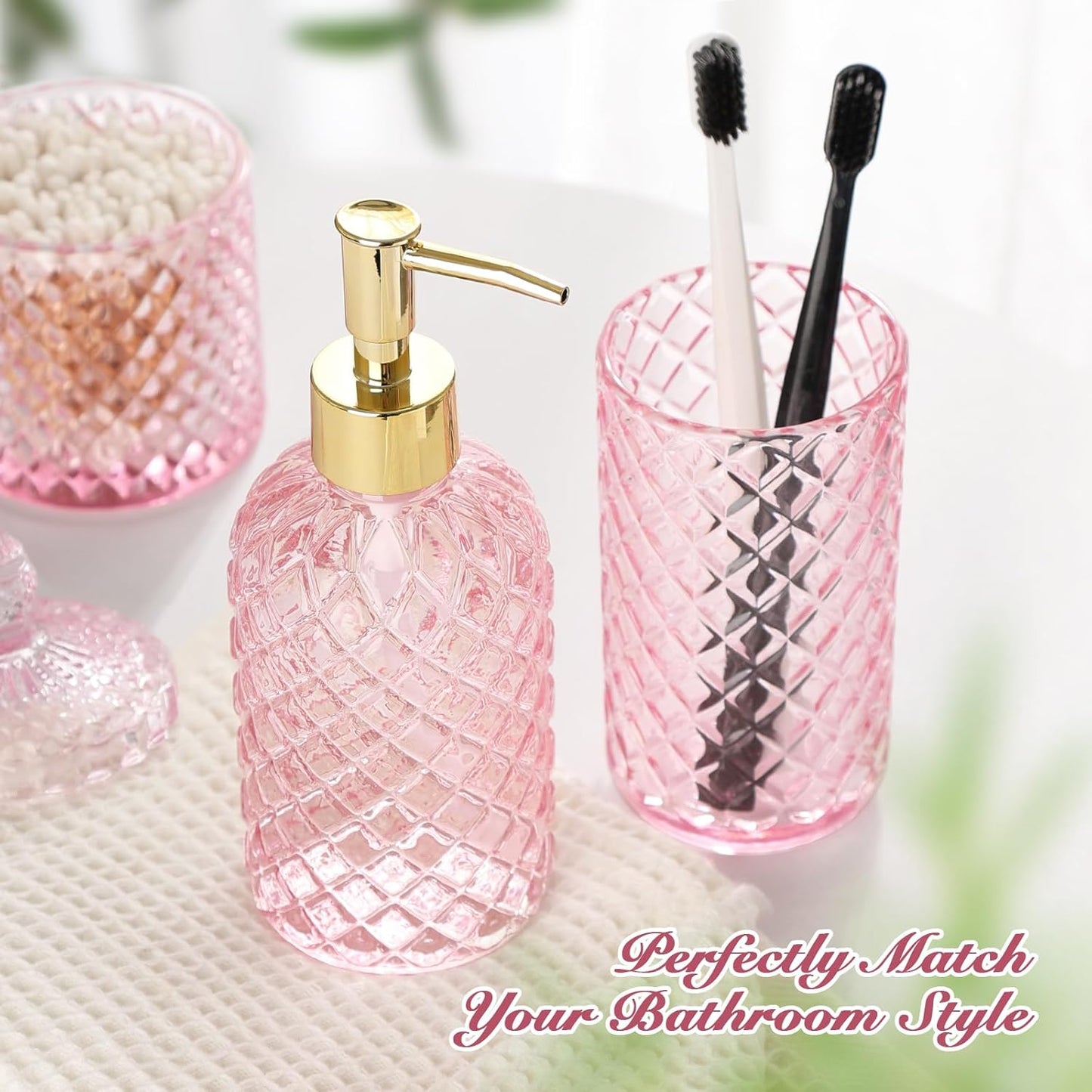 Pink Bathroom Accessories Set, 4 Pack Pink Bathroom Decor Accessory Sets Complete, Diamond Glass Soap Dispenser and Toothbrush Holder Set for Bath Counter Organizer Essentials