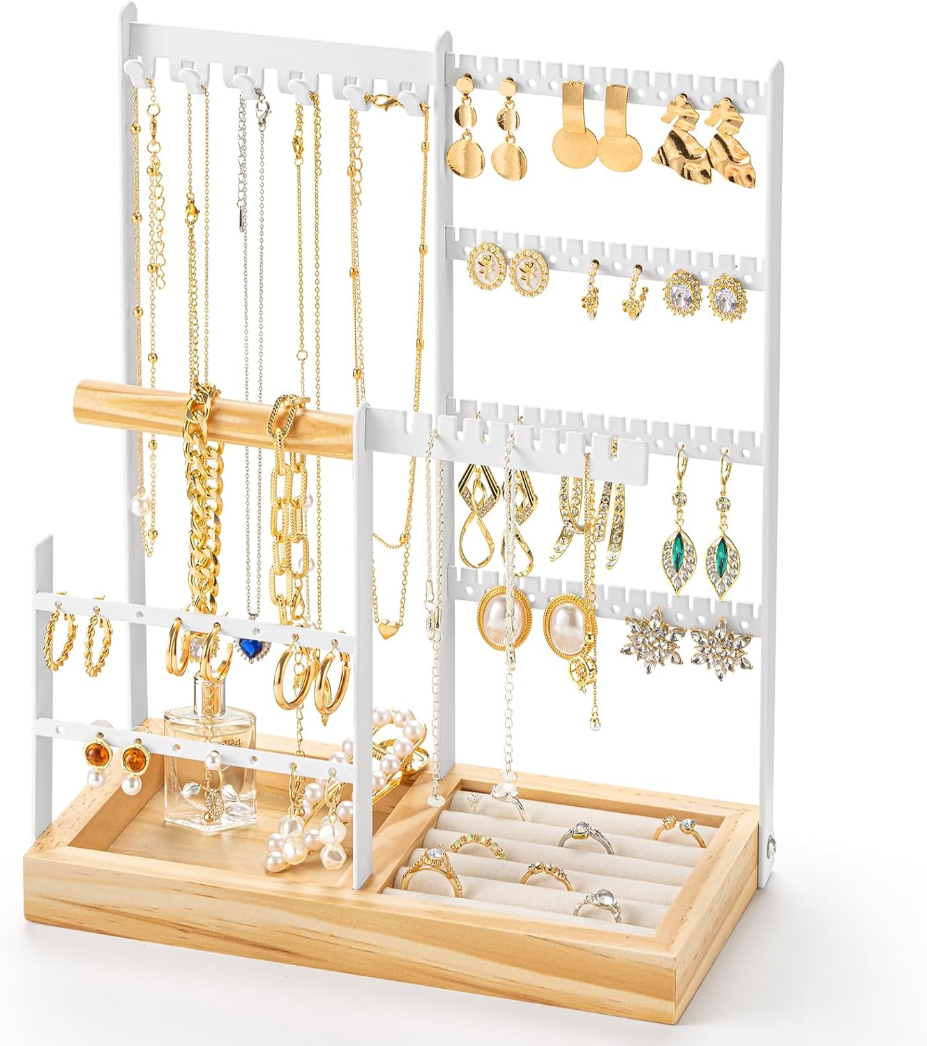 DreamGenius Jewelry Organizer Stand with Velvet Ring Holder, 4 Tier Jewelry Holder Organizer with 11 Hooks for Necklaces and 132 Holes for Earrings, White