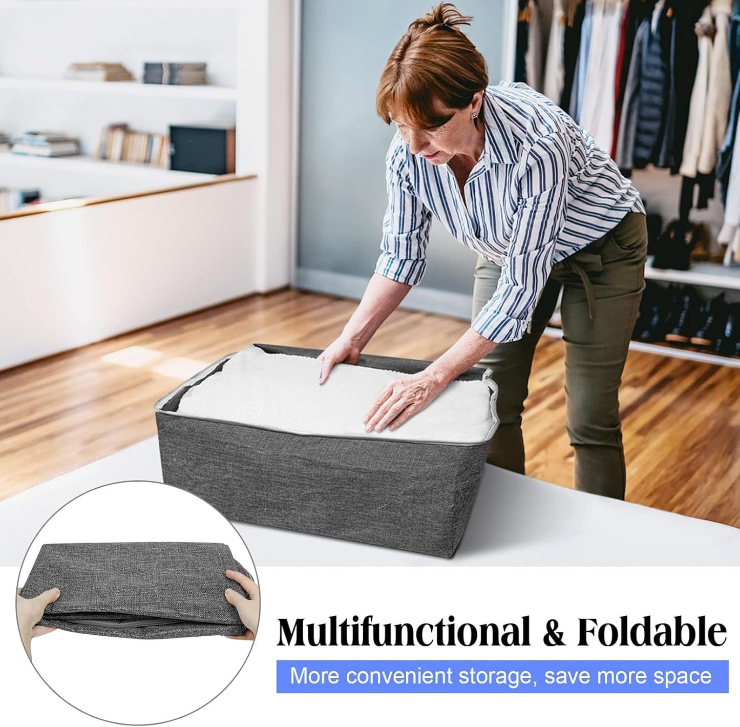 3Pack 105L Extra Large Storage Bags, Folding Comforter Blanket Storage Bags Closet Organizers and Storage Containers for Clothes with Strong Handles&Zippers Clear Window for Bedding Pillow Black