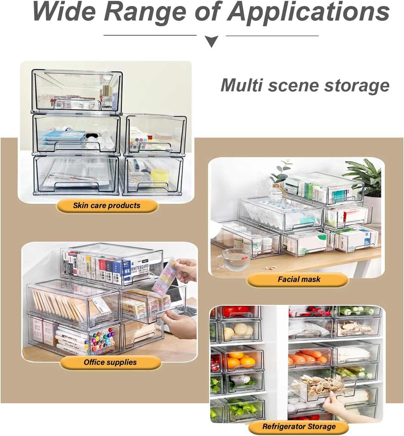 Stackable storage drawers, clear pull-out organizer with handles and non-slip pads for kitchen, refrigerator,office desktop, pantry and shelves, perfect for organization and storage (2 Pack, Large)