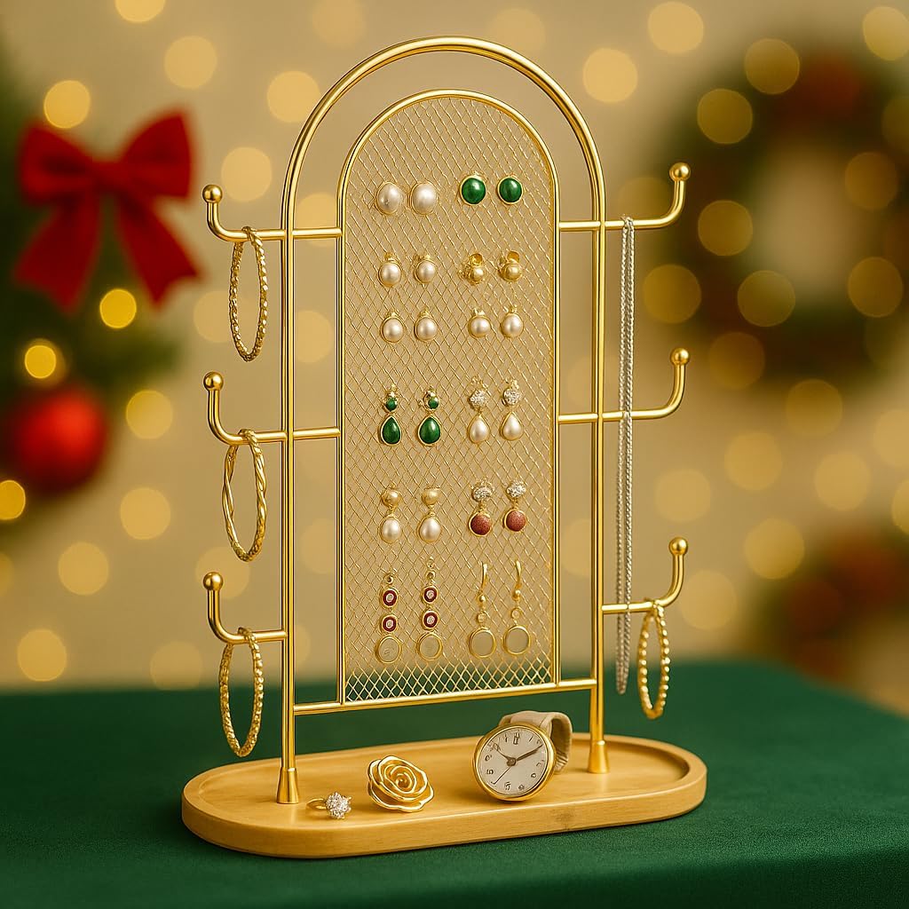 Jewelry Display Earring Stand Gold Organizer Earring StorageTree Jewelry Rack Towers with 6 Hooks 300 Stud Holes Wood Tray for Necklaces Bracelets Ring