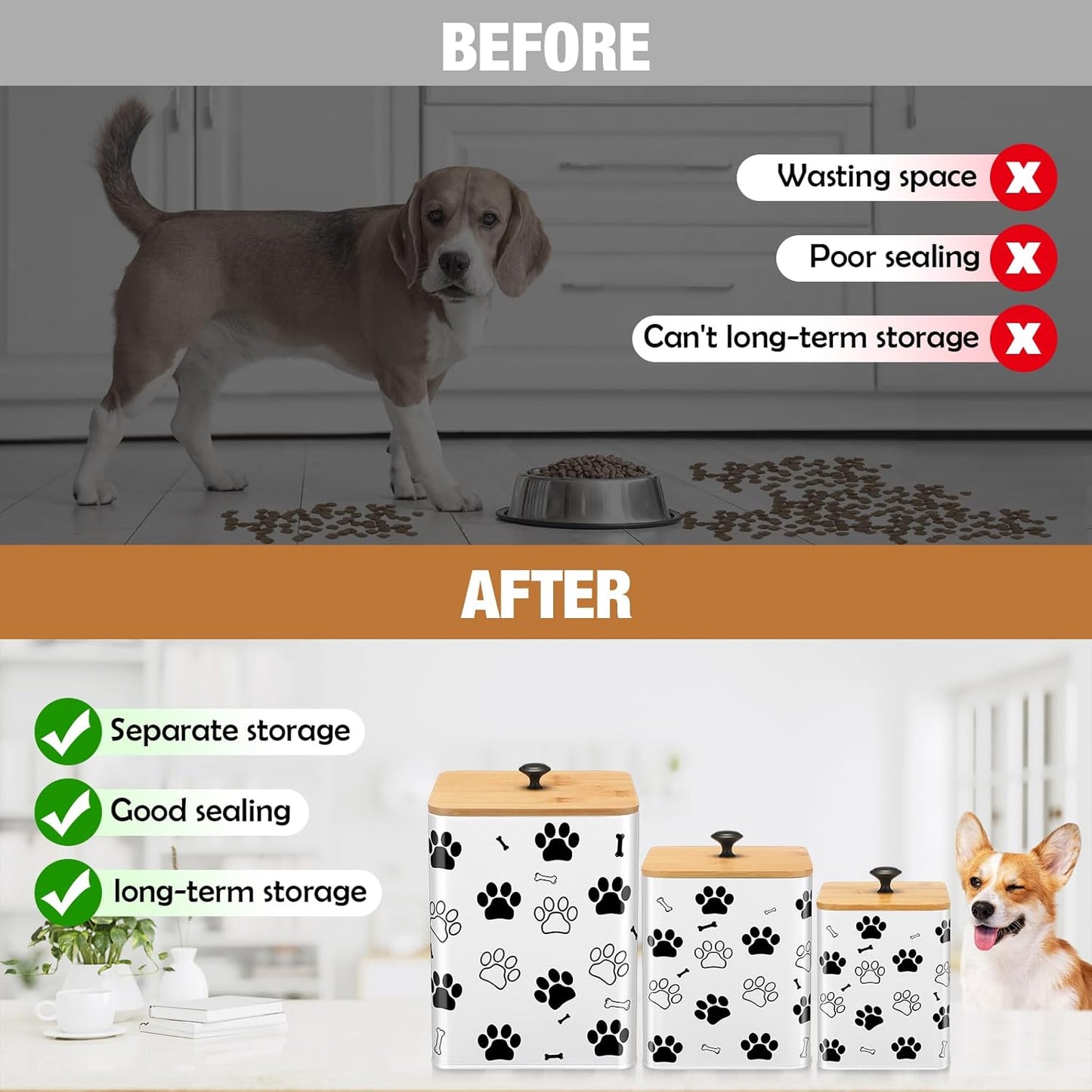 Airtight Dog Food Containers with Bamboo Lids, Metal Dog Treat Jars Canisters for Kibble, Biscuits, Snacks, Cookies, Pet Food Storage Set for Kitchen Counter Christmas Gift(White)