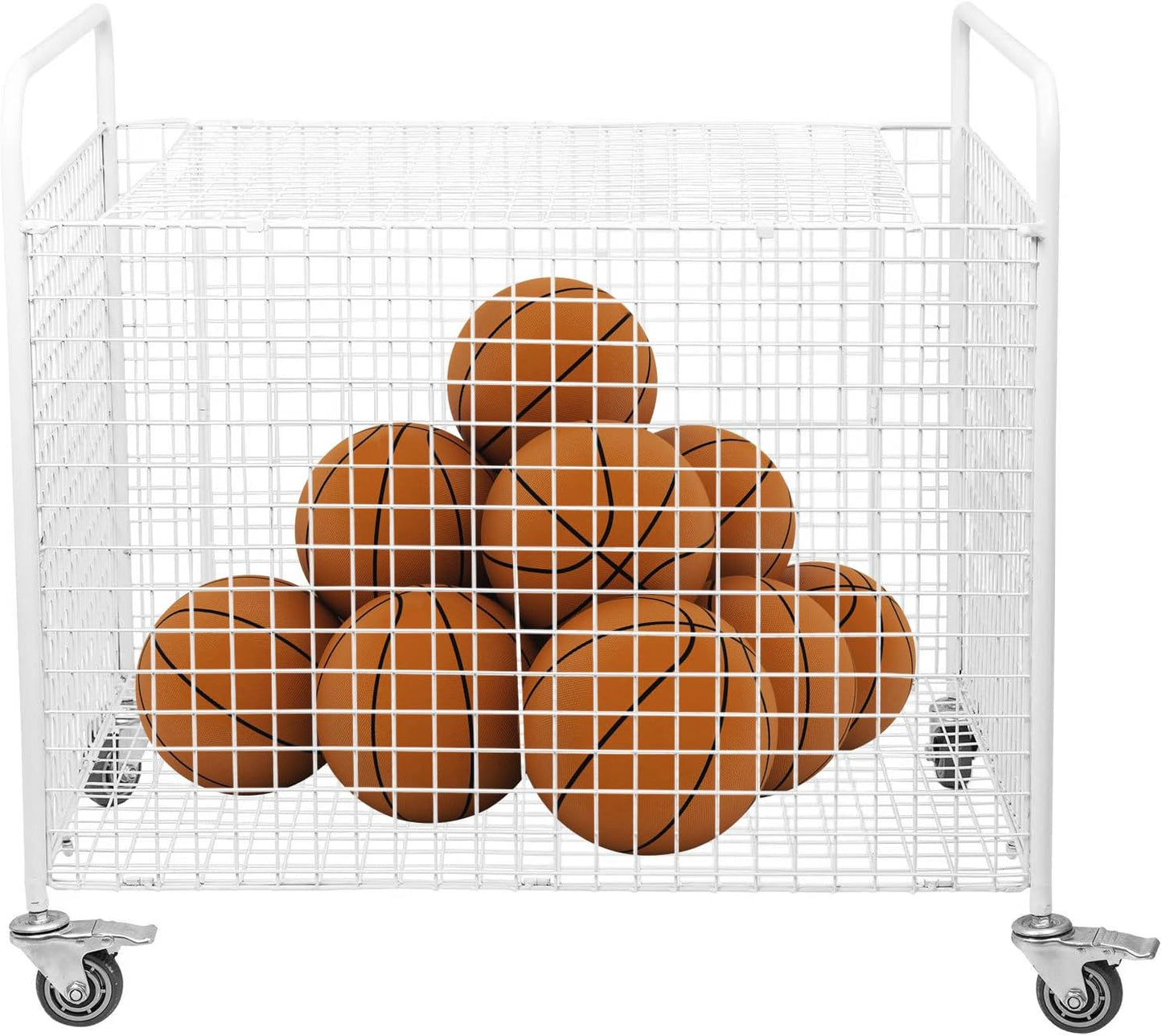 Metal Basketball Rolling Cart Sports Equipment Storage Wheel Basket White Athletic Portable Lockable Cage Raised Handle Gym Home Garage School Court Field Football Soccer Ball Volleyball Bat