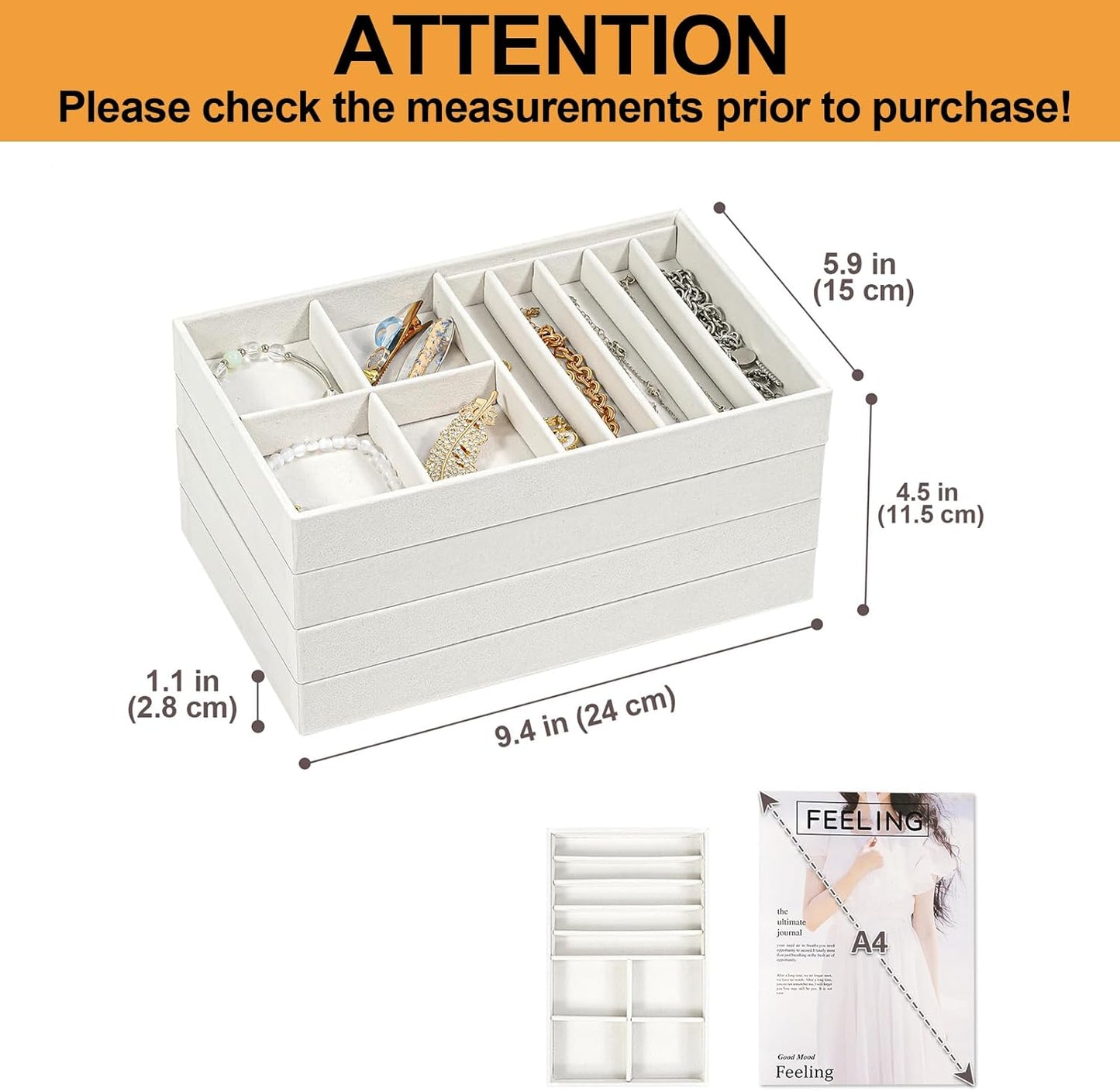 ProCase Stackable Jewelry Organizer Trays for Drawers, Jewelry Drawer Inserts Container Display Case Storage for Earring Necklace Rings Bracelet with Removable Dividers -Warmwhite, 4 Layers