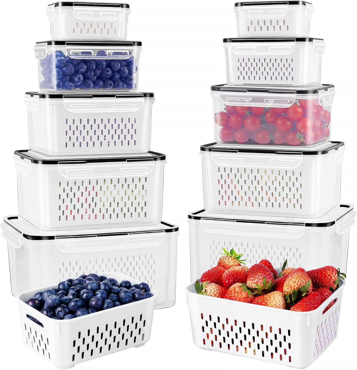 Freshmage Fruit Storage Containers for Fridge with Removable Colander, Airtight Food Storage Container, Dishwasher Safe Produce Saver for Refrigerator, Keep Berry Fruit Fresh Longer 10 pcs Large Clear